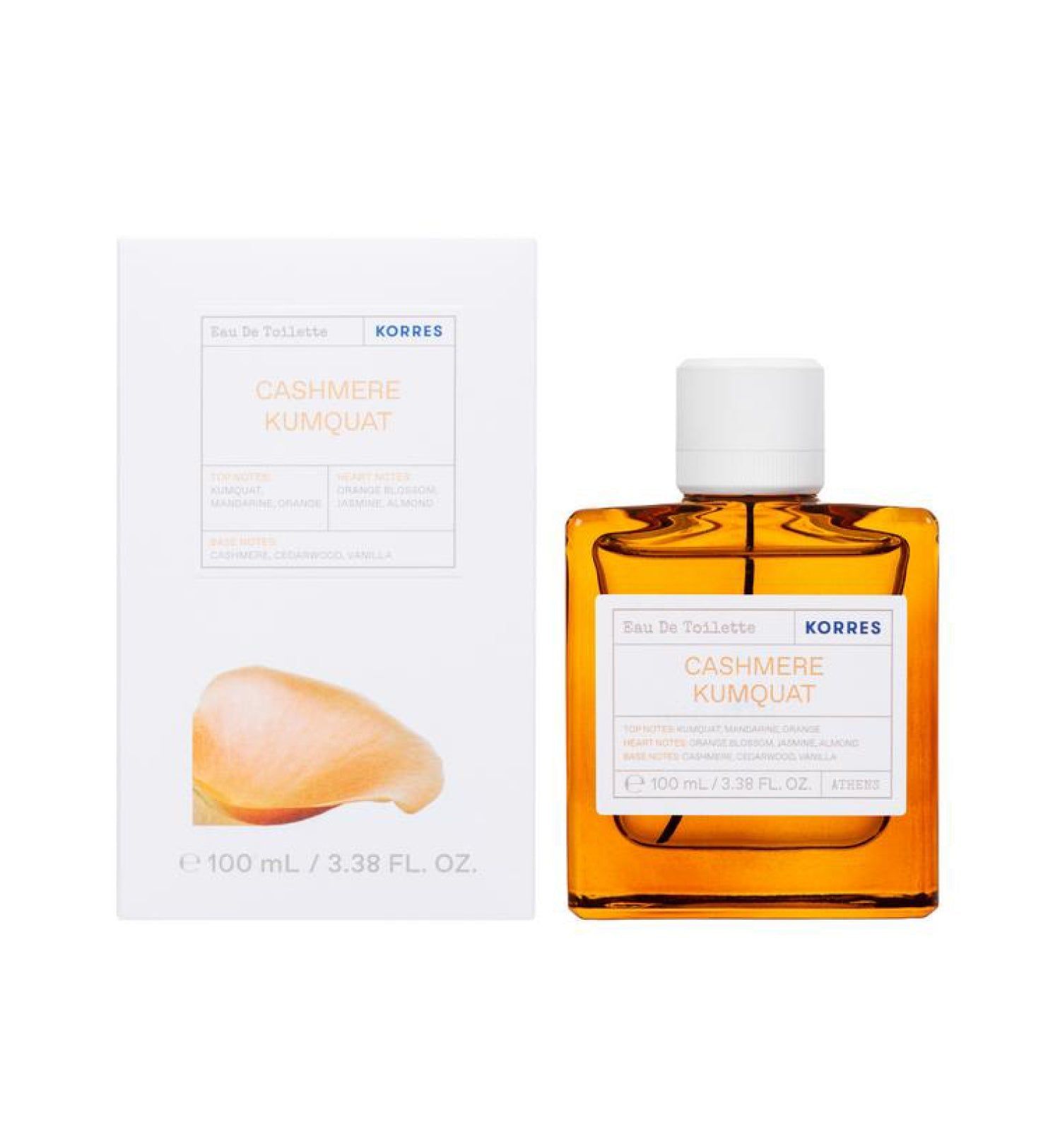 KORRES Eau de Toilette Cashmere Kumquat. Flakon und Verpackung. Weißes Etikett mit Produktnamen. Orangefarbene Flüssigkeit im Glasflakon.