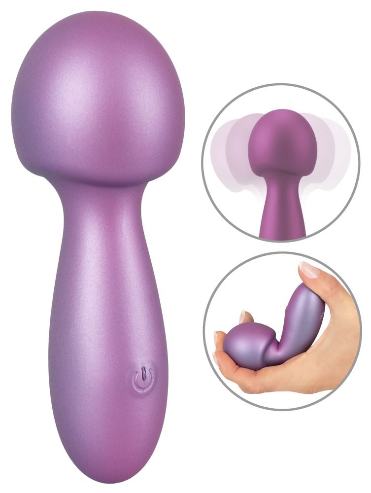 Lila Mini-Massagegerät. Abgerundeter Kopf, länglicher Griff. Ein/Aus-Taste. Zusätzliche Ansichten: Kopf in Bewegung, gebogen in Hand.