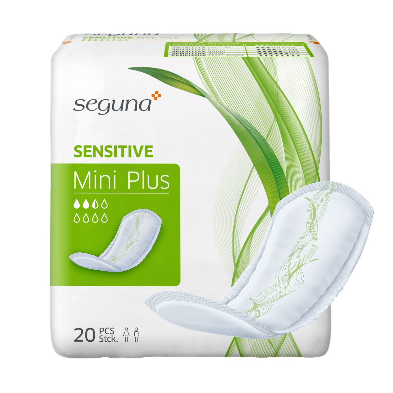 Verpackung mit SEGUNA Sensitive Mini Plus. 20 Stück. Eine Binde liegt daneben.