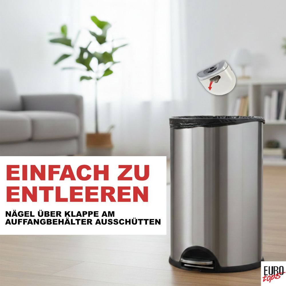 Auffangbehälter eines elektrischen Nagelschneiders wird über einem Mülleimer geleert.