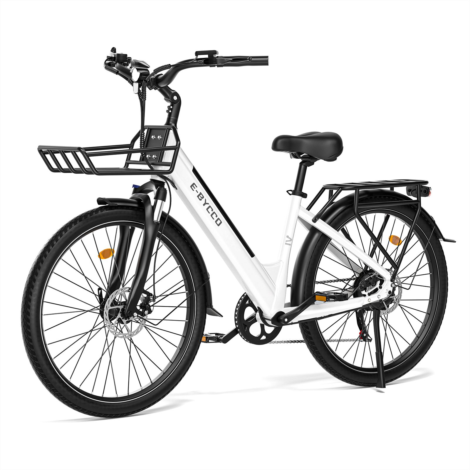 Weißes E-Bike mit Korb. Schwarze Reifen und Details. E·Bycco Logo am Rahmen. Blick von vorne.