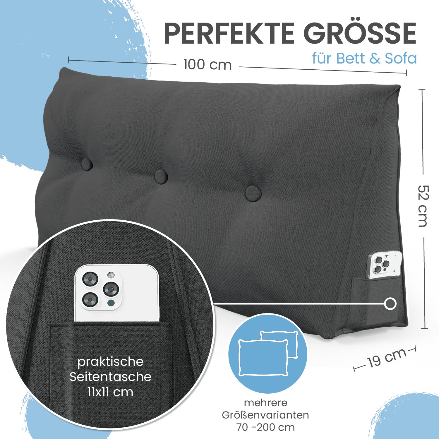 Graues Stützkissen mit drei Knöpfen, Seitentasche und Größenangaben. Maße: 100x52x19 cm. Text: "PERFEKTE GRÖSSE".