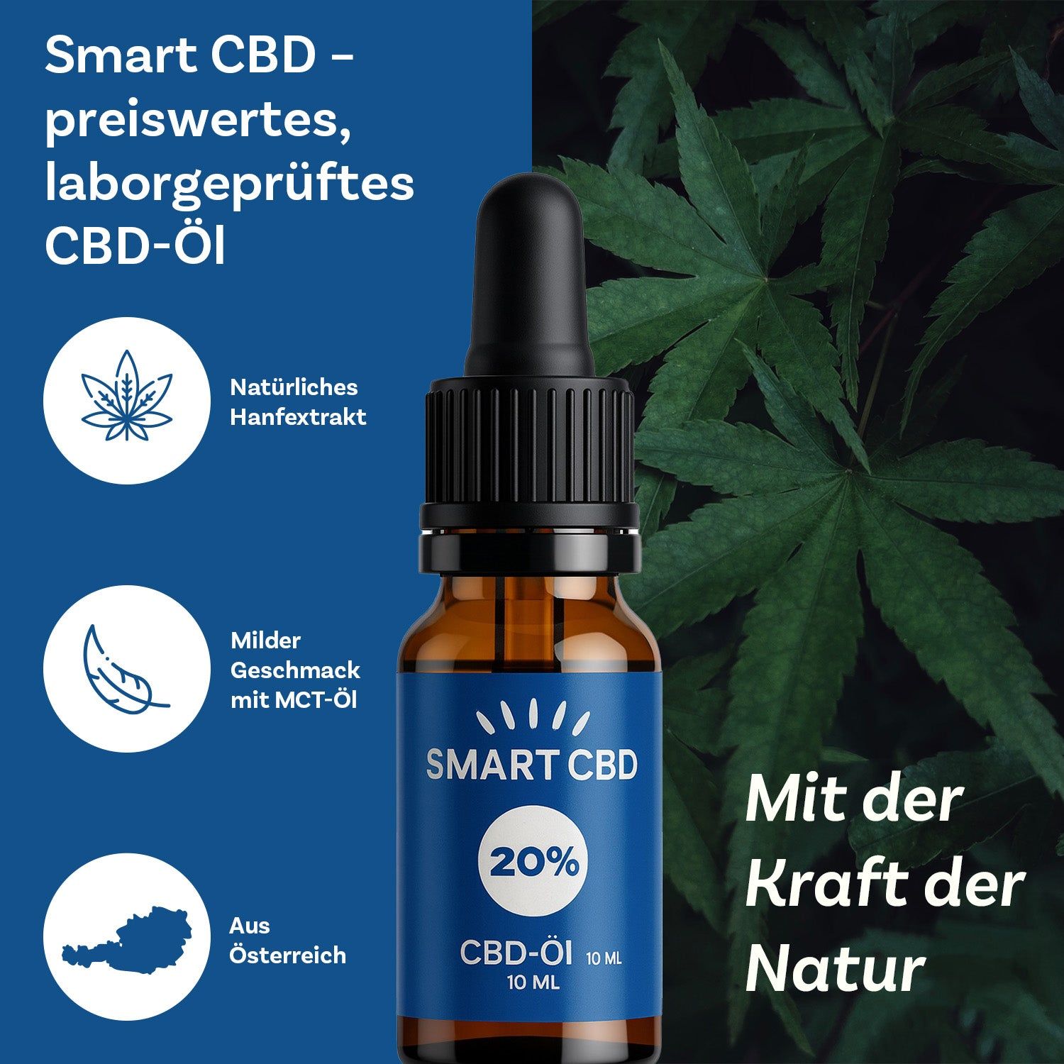 Braune Flasche mit Pipette vor Hanfblättern. Text: "SMART CBD", "20%", "CBD-Öl 10 ML", "Natürliches Hanfextrakt", "Aus Österreich".