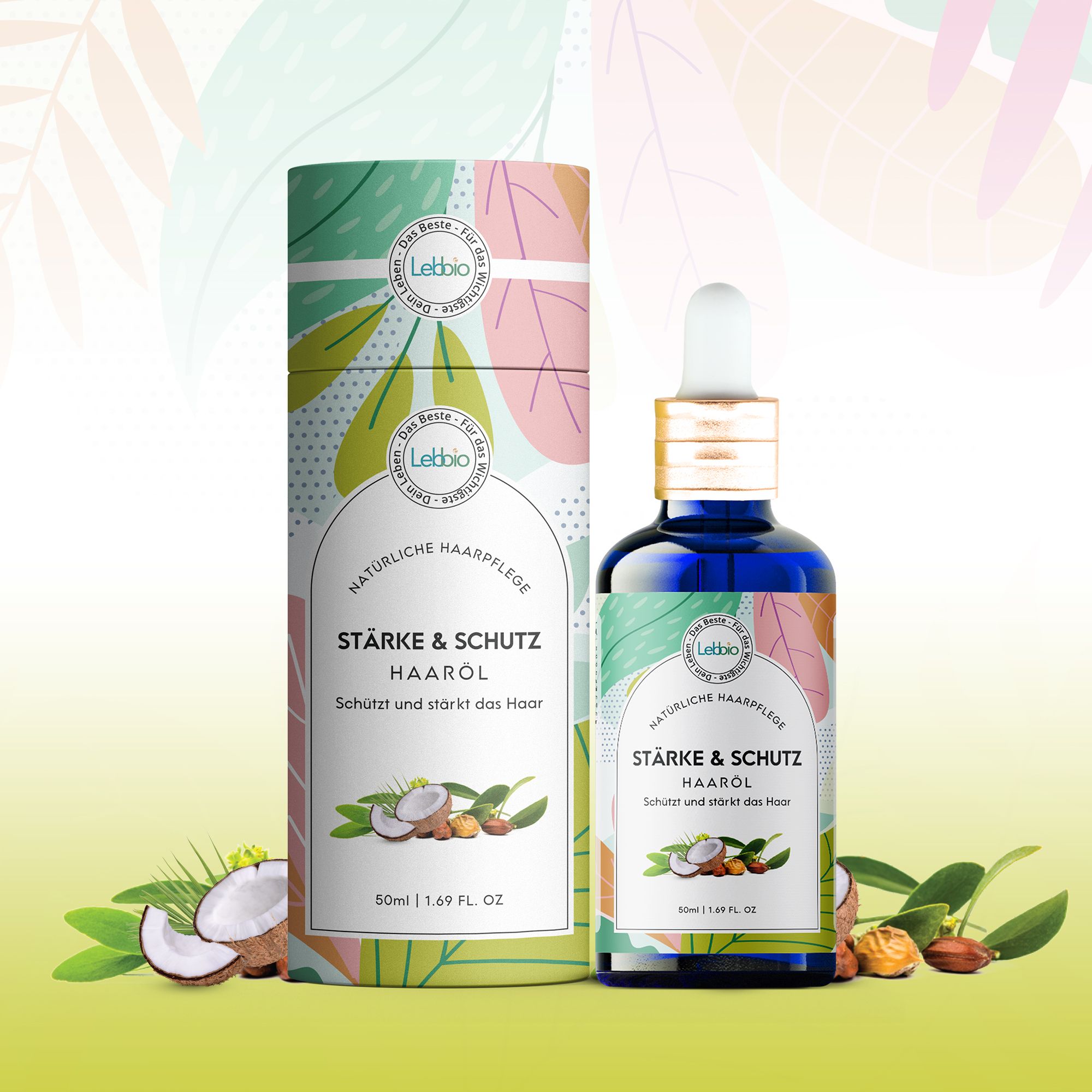 Blaues Haaröl-Fläschchen mit weißem Tropfer und Karton. Aufschrift: Stärke & Schutz Haaröl. Kokosnuss- und Blätter-Dekoration.