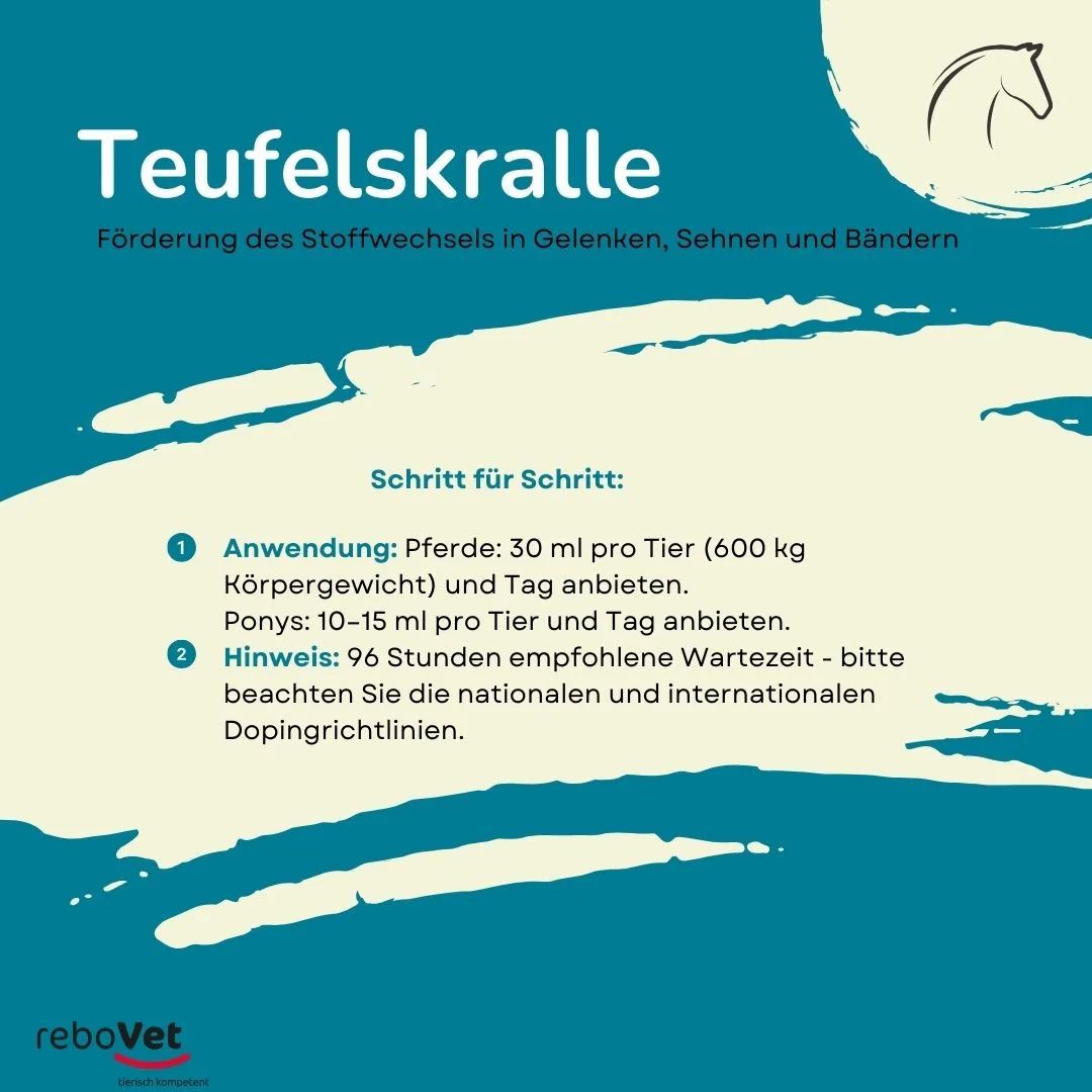 Anwendungshinweise für Teufelskralle Ergänzungsfuttermittel für Pferde.