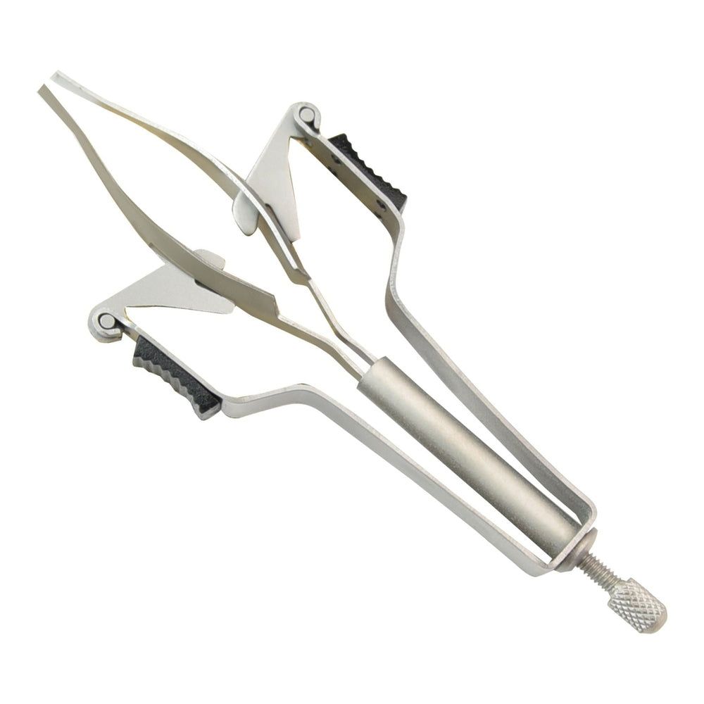 Automatische Pinzette aus Metall. Mit Griffen, Federmechanismus und Schraube zur Einstellung der Spannung. Spitze zum Greifen.