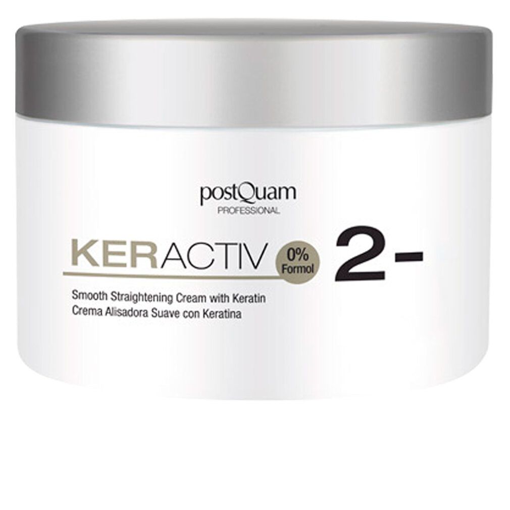 PostQuam Keractiv 2- Glättende Creme mit Keratin, 0% Formaldehyd. Weiße Dose mit silbernem Deckel.