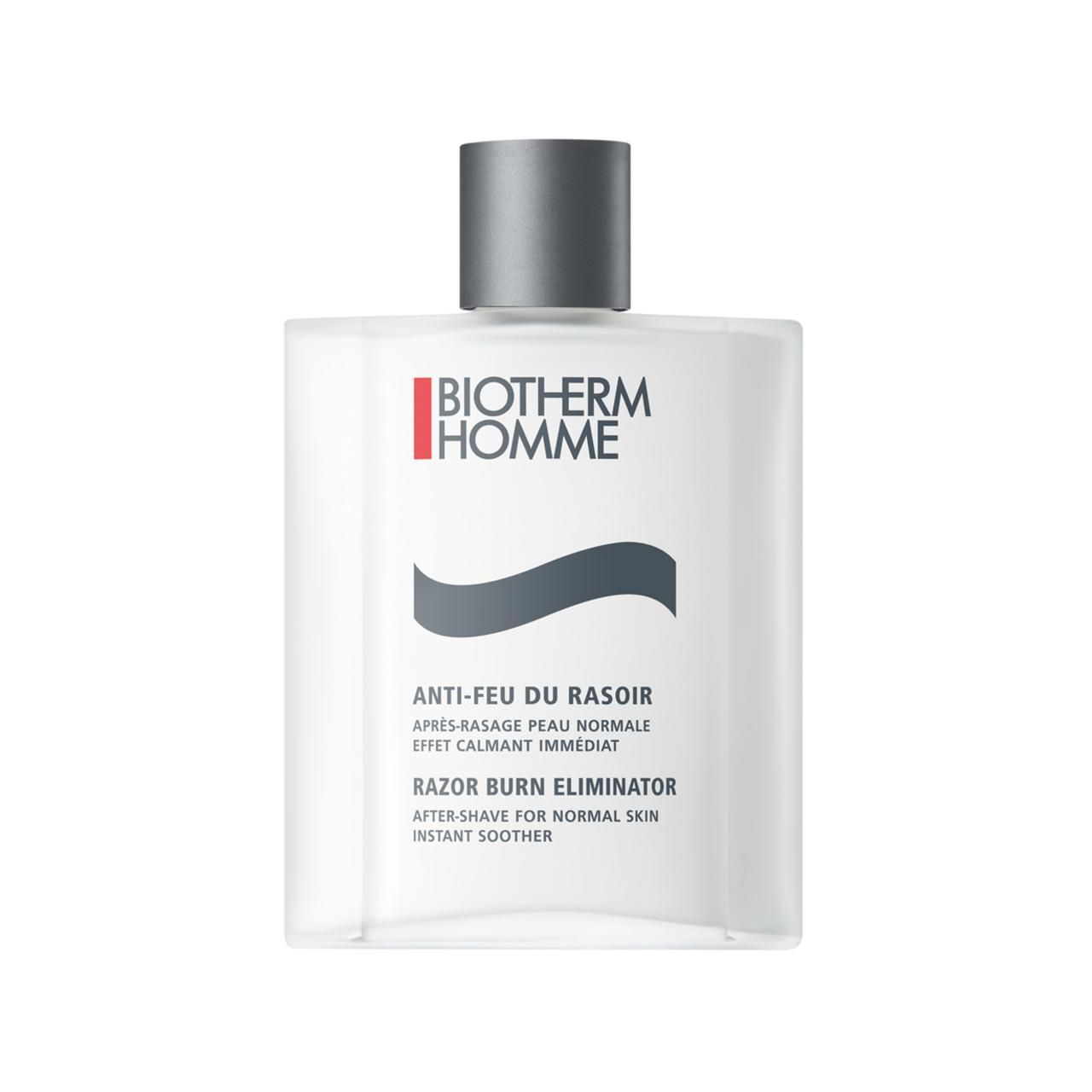 Weißes Flakon mit grauem Deckel. BIOTHERM HOMME Logo und Produktbezeichnung. Text: ANTI-FEU DU RASOIR, RAZOR BURN ELIMINATOR.
