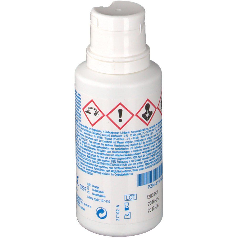 Weiße Flasche, Rückseite mit Text, Symbolen und Chargeninformationen. CE-Kennzeichnung.