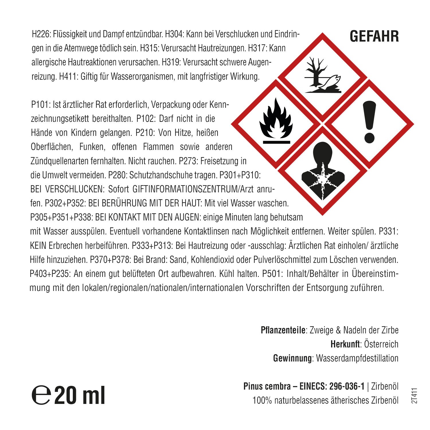 Etikett mit Gefahrensymbolen und Warnhinweisen. Text: Gefahrenhinweise, Piktogramme, Inhaltsstoffe, Herstellerinformationen.