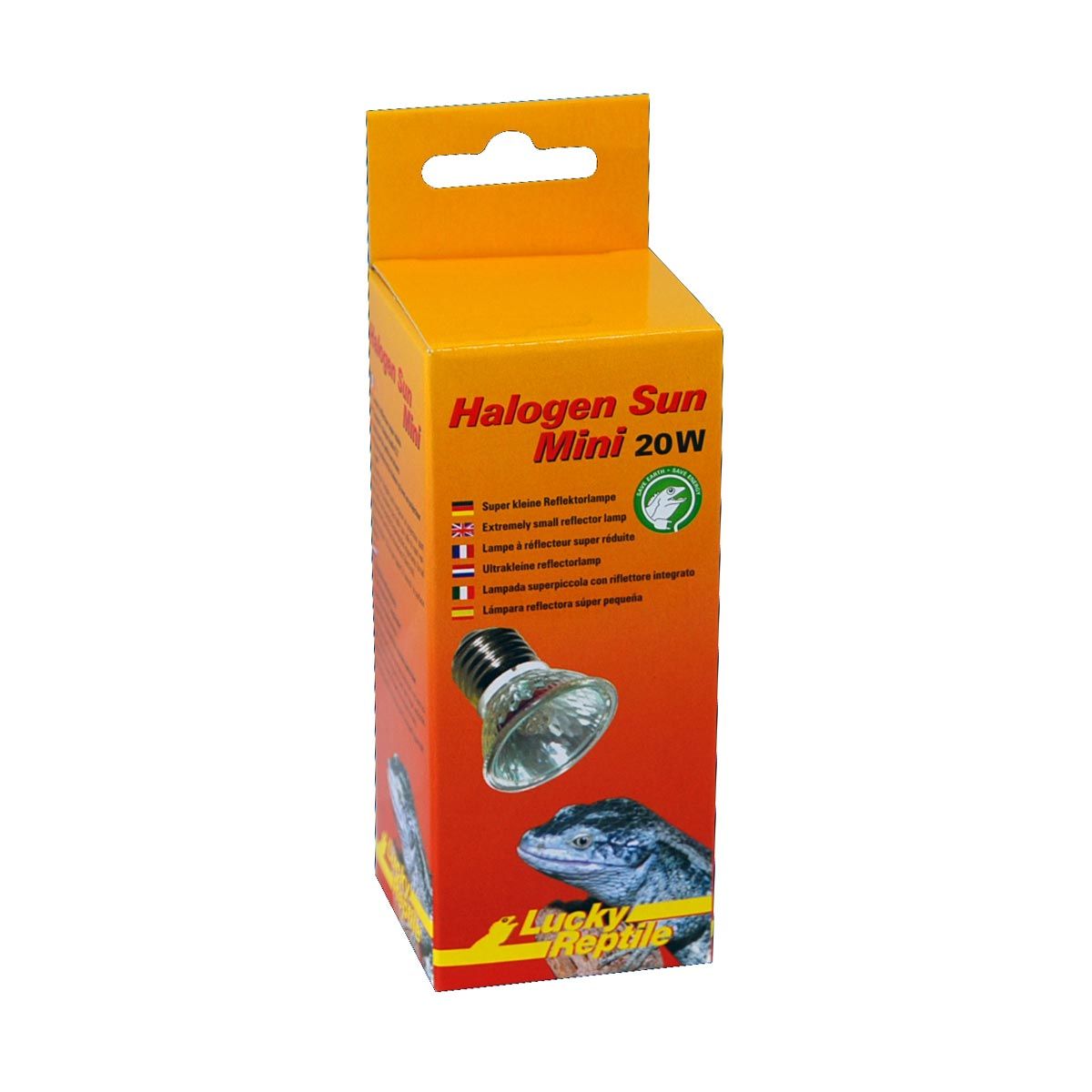Verpackung der Lucky Reptile Halogen Sun Mini 20W. Gelbe Box mit Produktbild und Text. Mehrsprachige Hinweise.