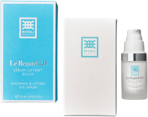 Produktverpackung und Flasche. Produktname: Le Regard 2.0. Zwei Verpackungen und eine Flasche. Aufschrift: Sérum Liftant Éclat, Radiance & Lifting Eye Serum. 15ml/0.5 Fl. Oz.