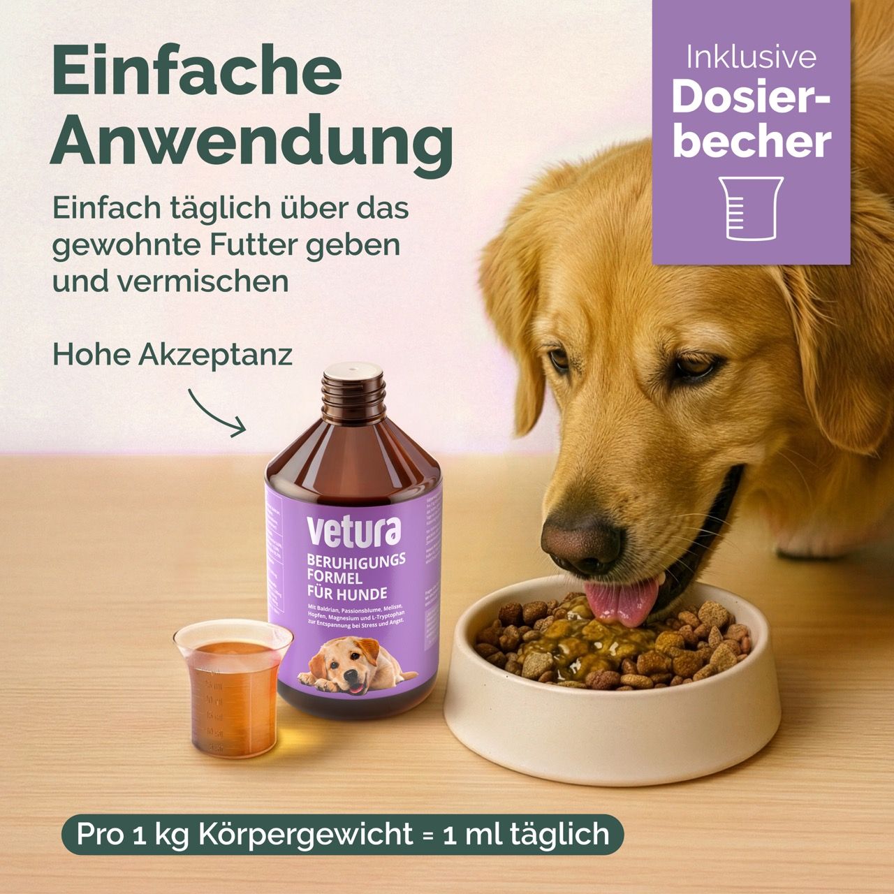 Ein Hund isst aus einer Schüssel. Daneben eine Flasche und ein Messbecher. Auf der Flasche steht 'vetura Beruhigungs Formel für Hunde'.