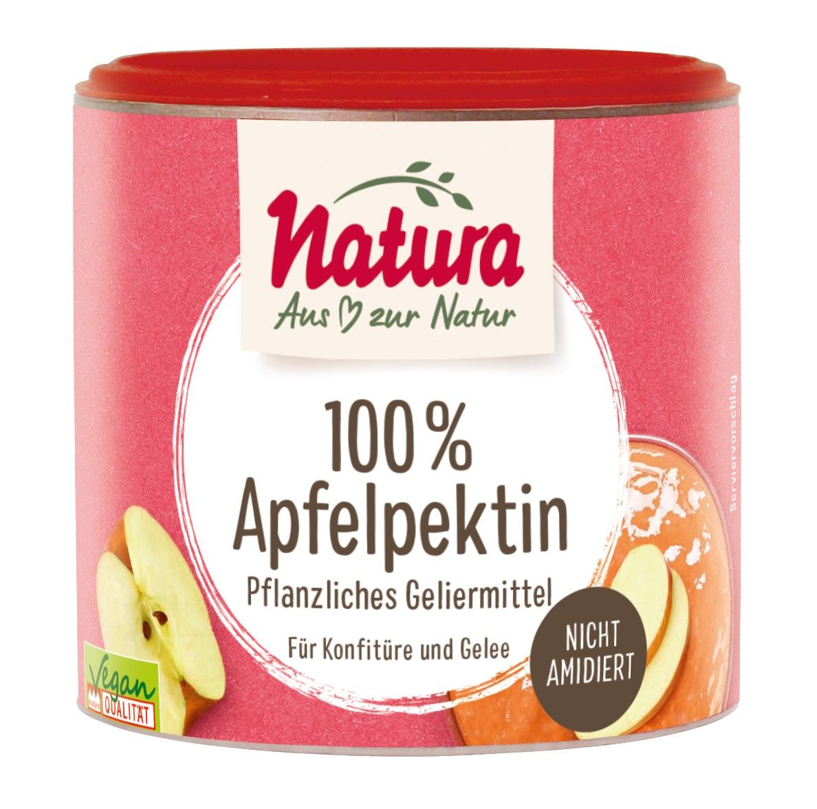 Rote Dose mit "Natura Apfelpektin". Aufschrift "100% Apfelpektin". Vegan-Siegel.