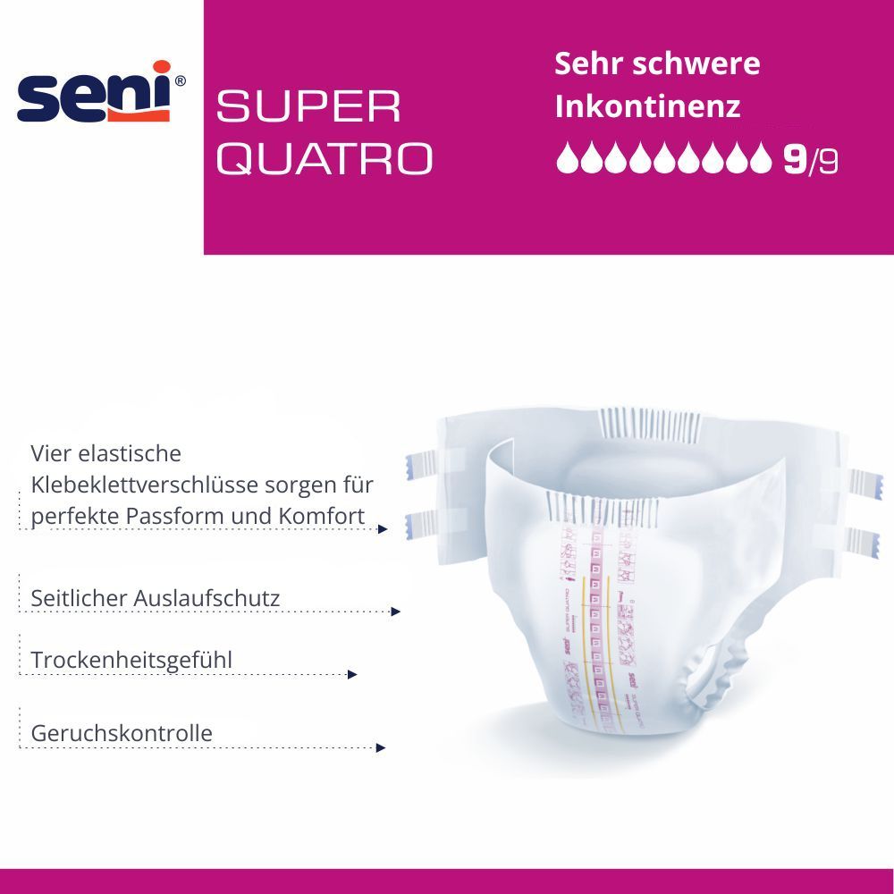 Inkontinenzprodukt. Weiß, mit vier Klebeverschlüssen. Text: Super Quatro, Seni. Angaben zur Inkontinenzstärke. Produktmerkmale.