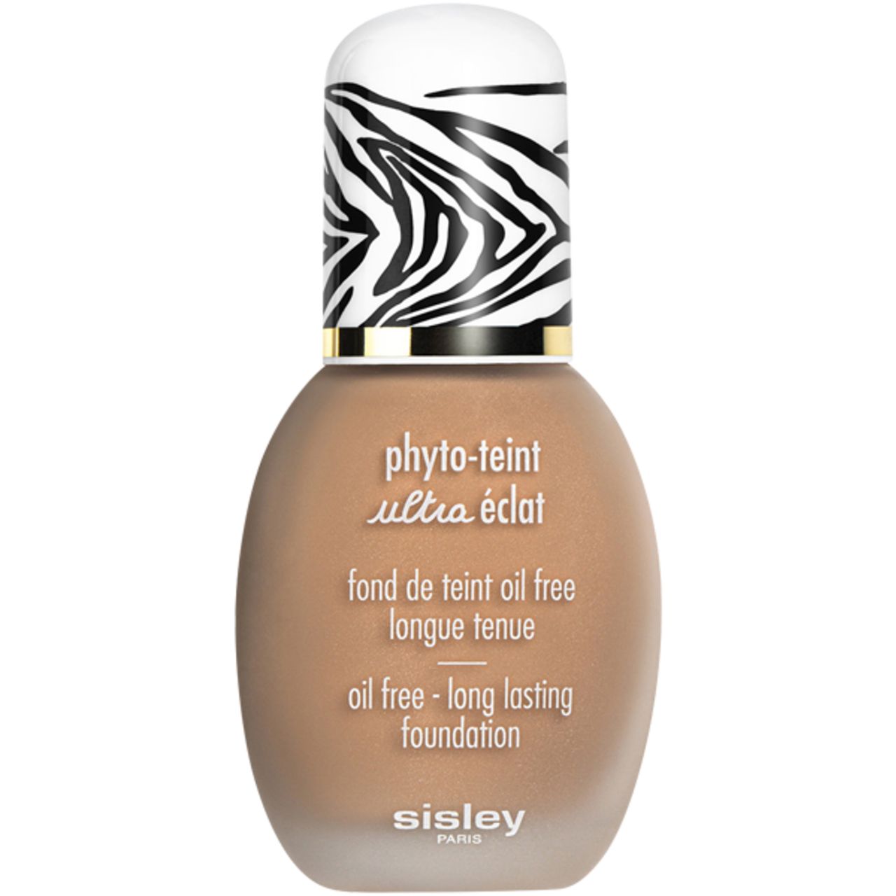 Sisley Phyto-Teint Ultra Eclat Foundation. Flasche mit Zebra-Muster-Deckel. Text: Oil free - long lasting foundation.