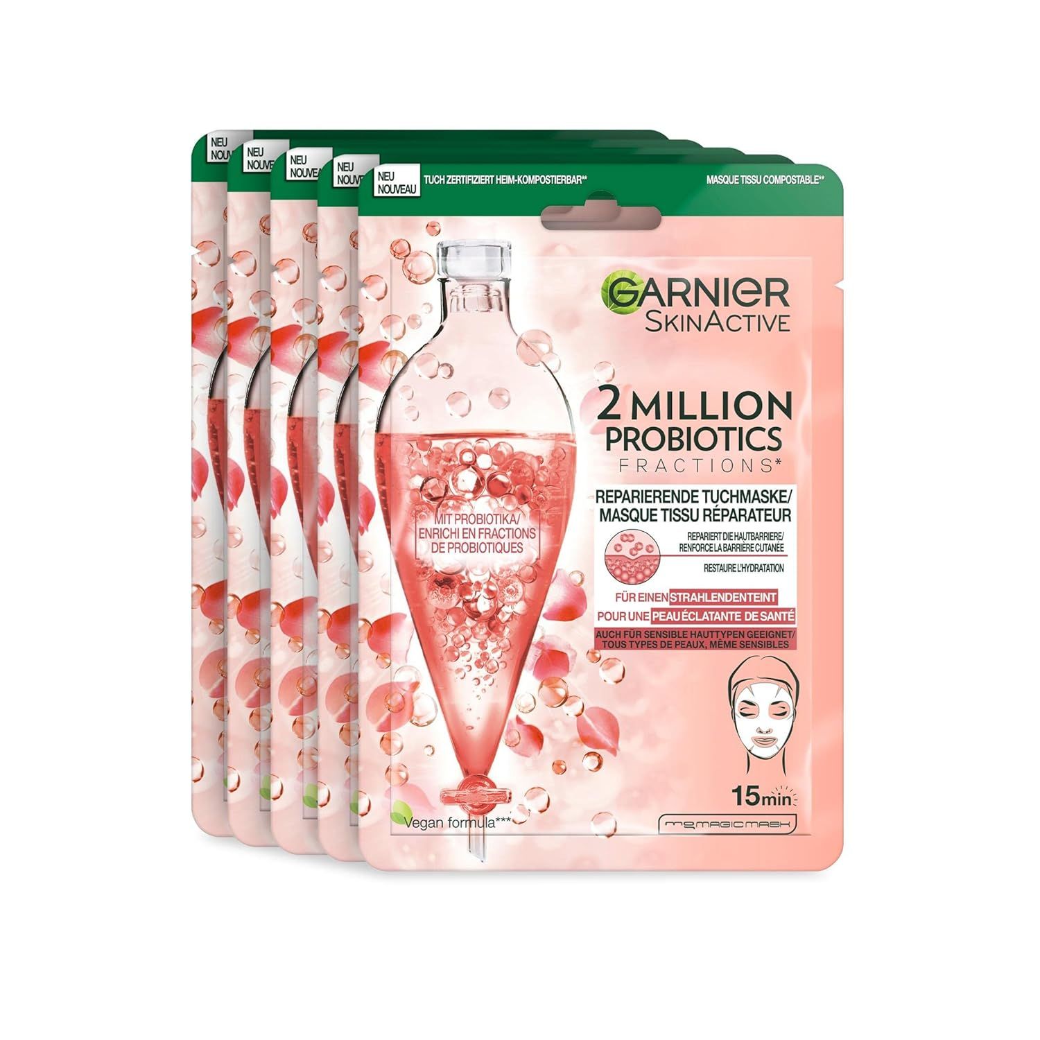 Mehrere Packungen Garnier SkinActive 2 Million Probiotics Gesichtsmaske. Rosa Verpackung mit Produktabbildung und Text.