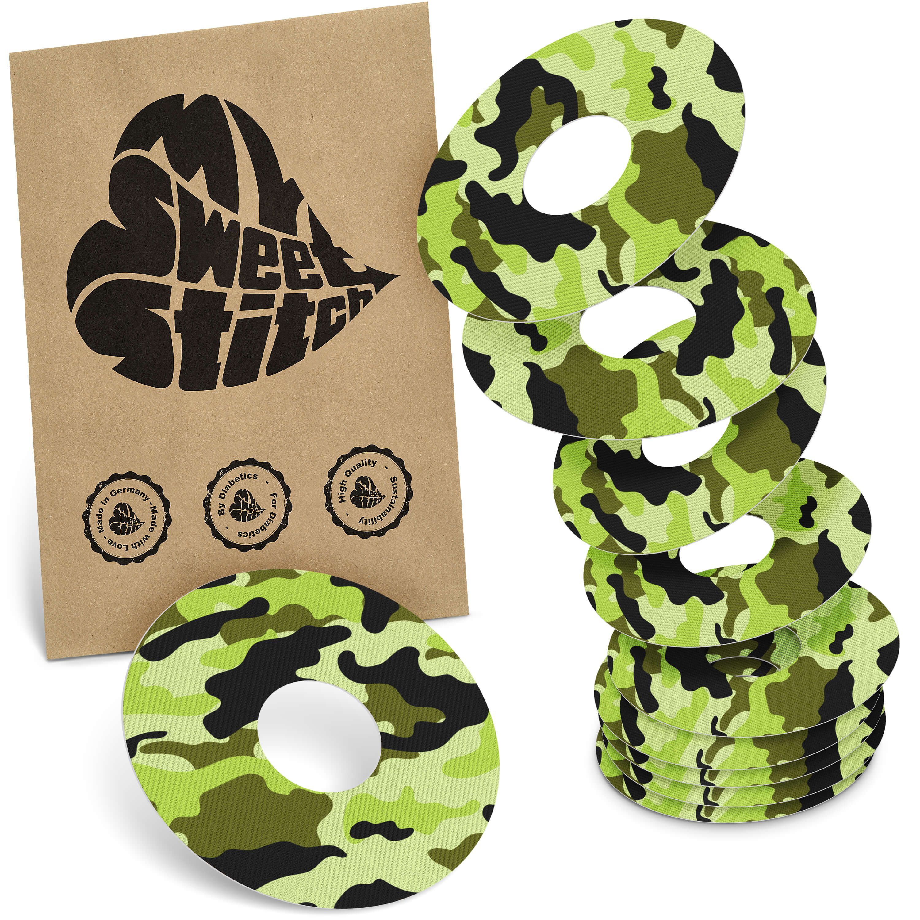 Ringförmige Pflaster mit Camouflage-Muster. Braune Papiertüte mit Logo und Siegeln.