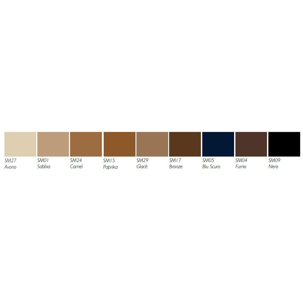 Farbpalette für SOLIDEA® MISS RELAX Kniestrumpf 70 sheer. Verschiedene Hauttöne: Avorio, Sabbia, Camel, Paprika, Glacé, Bronze, Blu Scuro, Fumo, Nero.
