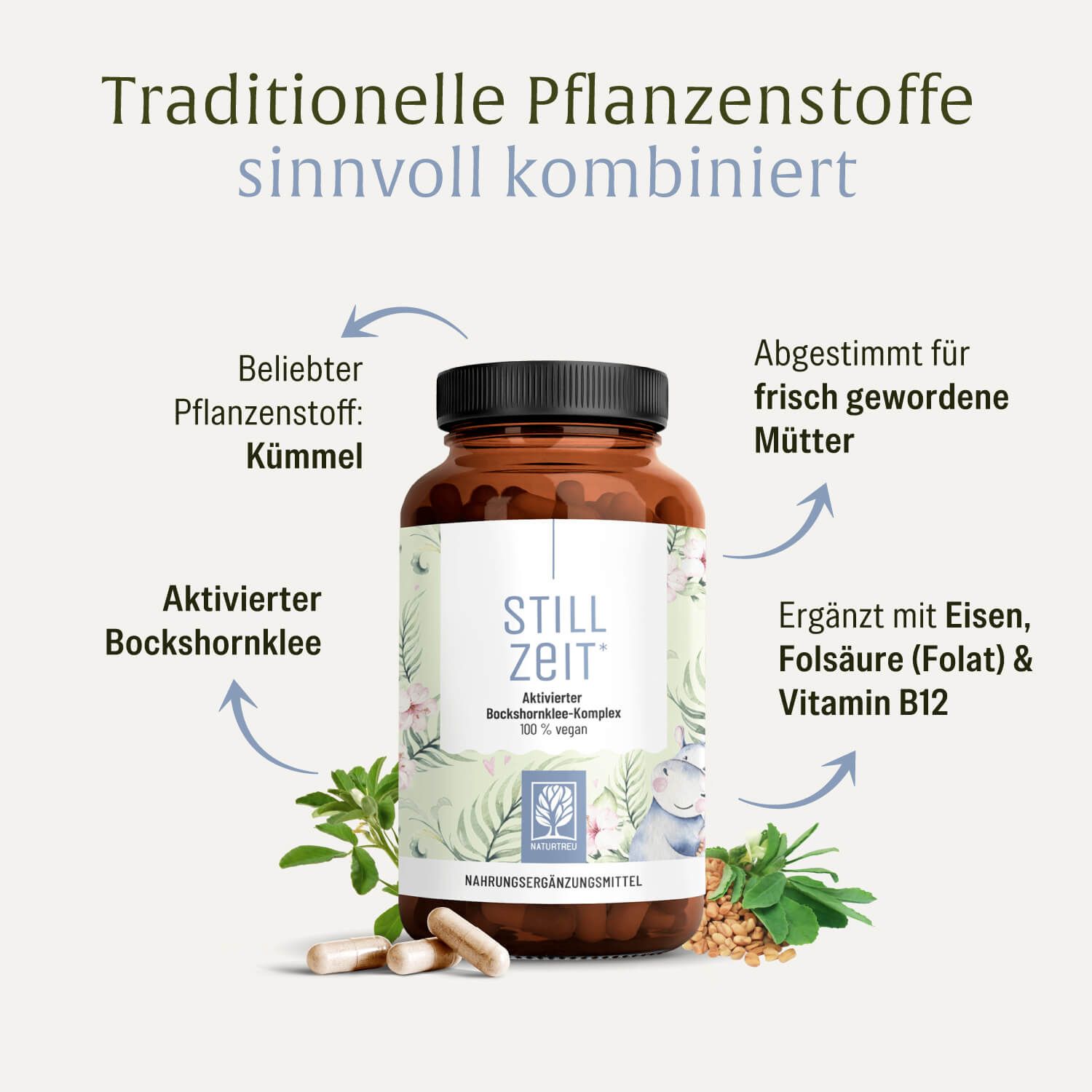 Grafik mit Produkt und Zutaten. Aktivierter Bockshornklee, Kümmel, Eisen, Folsäure, Vitamin B12. Für frisch gewordene Mütter.
