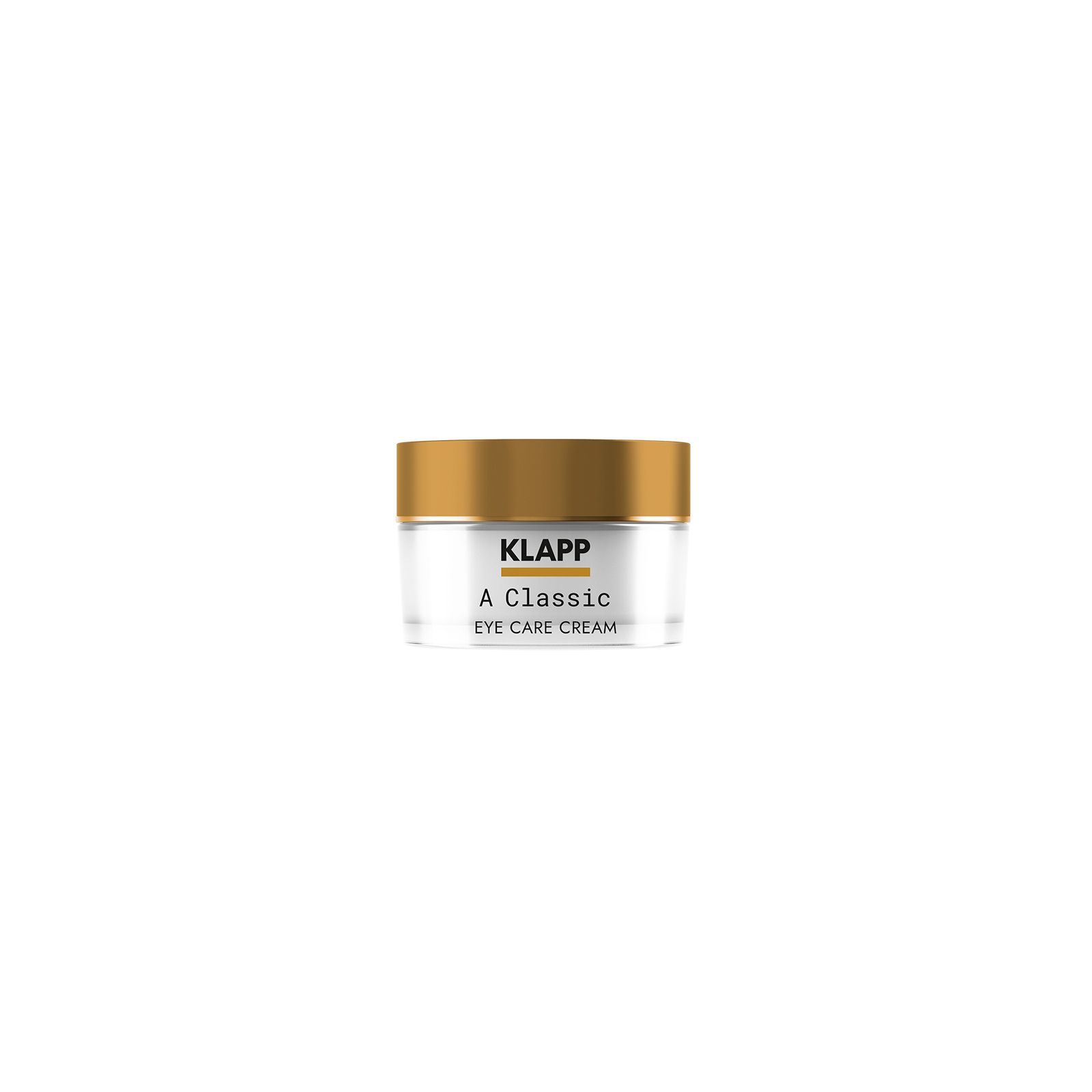 Glasbehälter mit goldfarbenem Deckel. Aufschrift: A Classic Eye Care Cream. Kleiner Behälter.