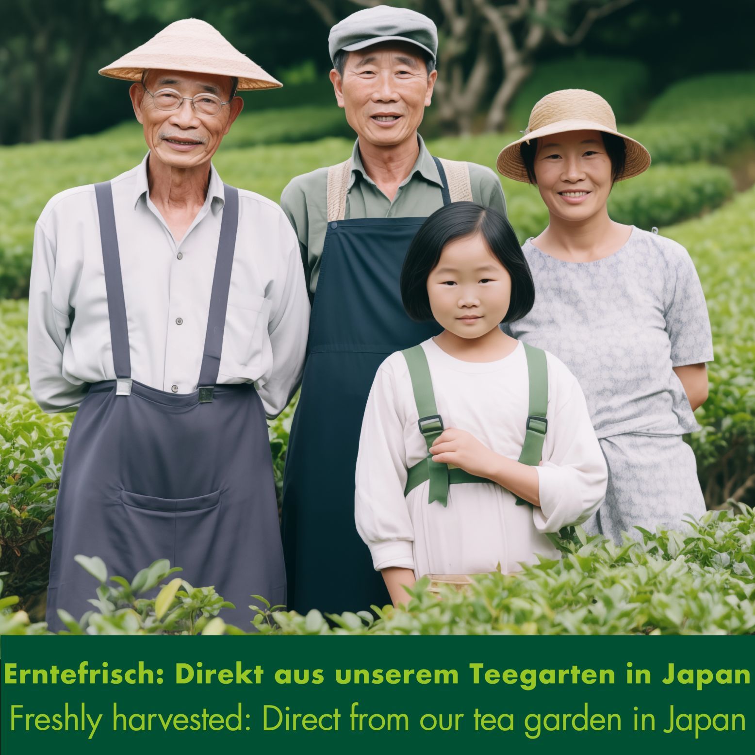Vier Personen in einem Teegarten. Text: Erntefrisch: Direkt aus unserem Teegarten in Japan.