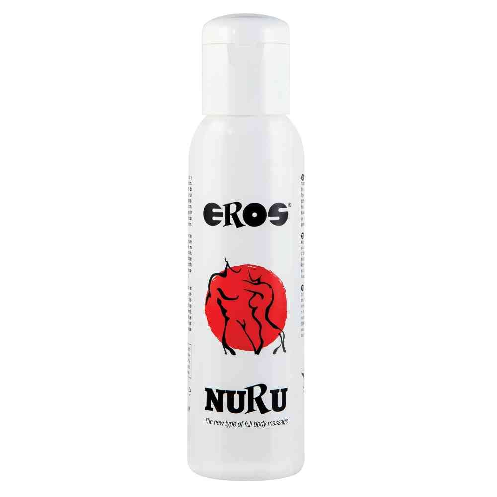 Weiße Flasche mit Klappverschluss. Aufdruck: "EROS", roter Kreis mit Figuren, "NURU".