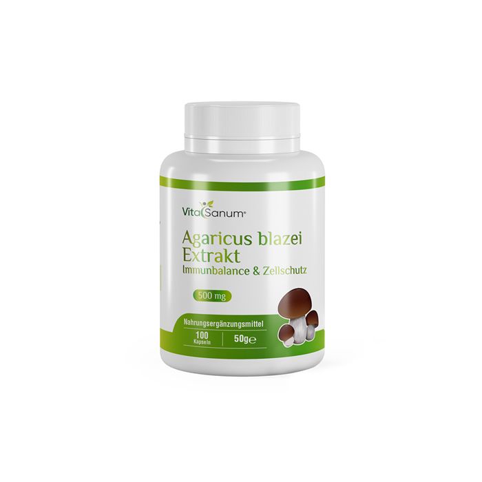Weiße Flasche mit VitaSanum® Agaricus blazei Extrakt. Aufschrift: Immunbalance & Zellschutz. 100 Kapseln.