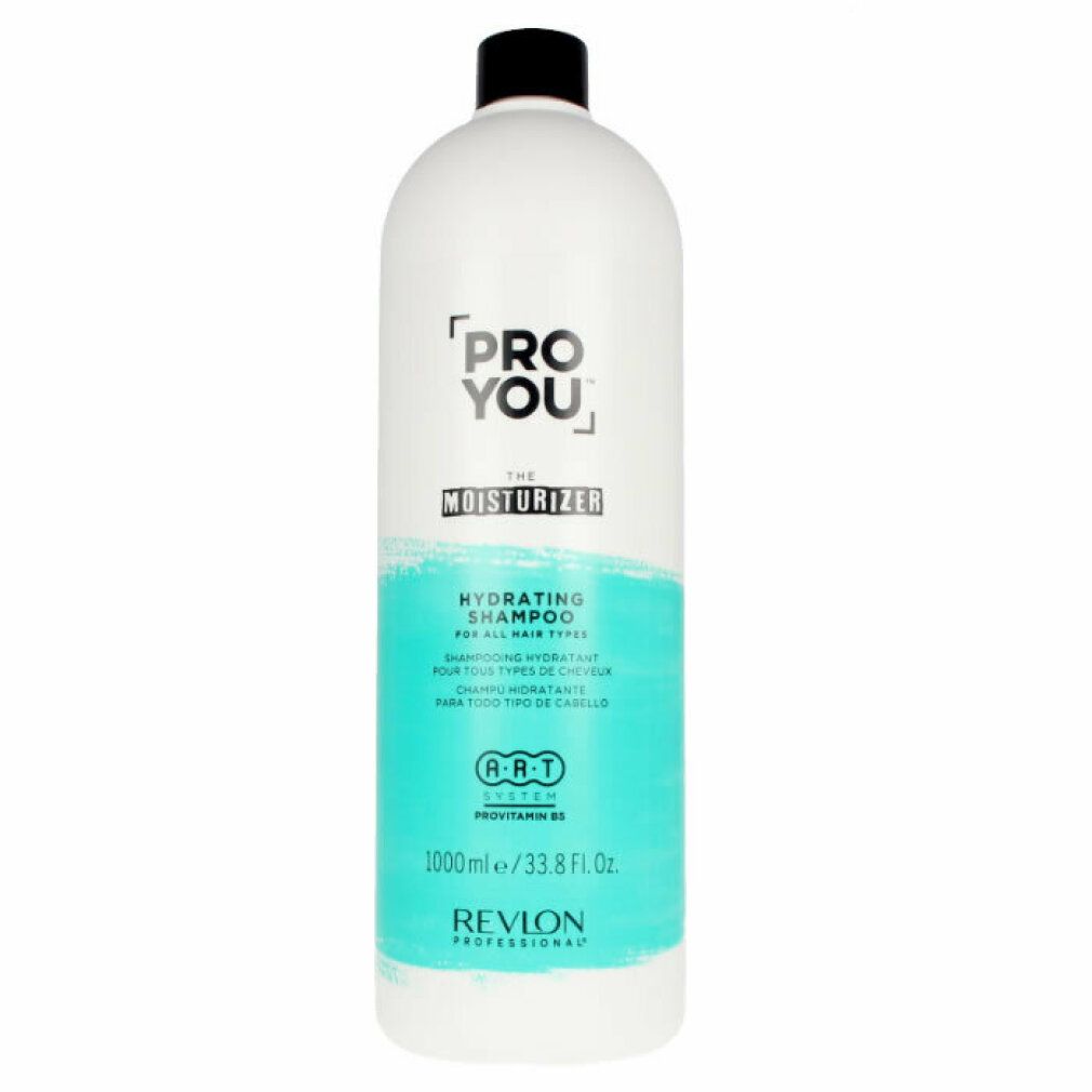 Weiße Flasche mit schwarzem Deckel. Aufschrift: PRO YOU The Moisturizer. Türkisfarbener Streifen mit Text. Revlon Professional.