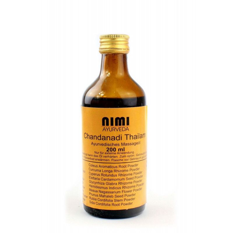 Braune Glasflasche mit goldfarbenem Deckel. Etikett mit Produktnamen und Inhaltsstoffen. Marke: Nimi Ayurveda.
