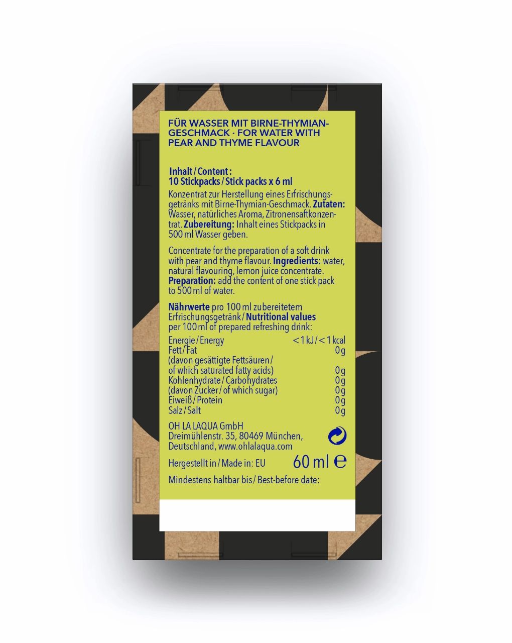 Rückseite der Verpackung. Text: Zutaten, Nährwerte, Herstellerinformationen, Haltbarkeitsdatum, 60 ml.