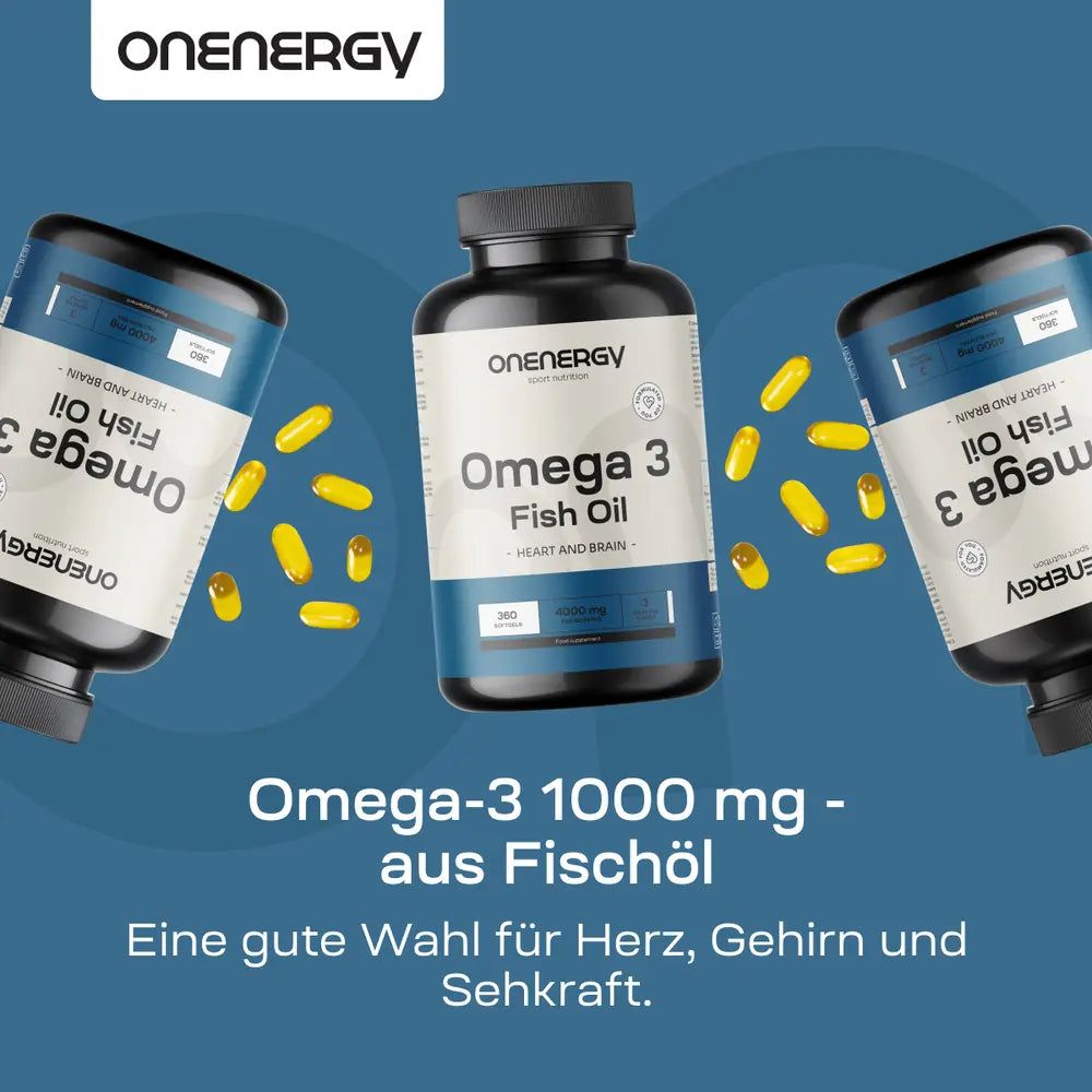 Drei Flaschen Omega-3 Fischöl Kapseln. Text: Omega-3 1000 mg - aus Fischöl. Eine gute Wahl für Herz, Gehirn und Sehkraft.