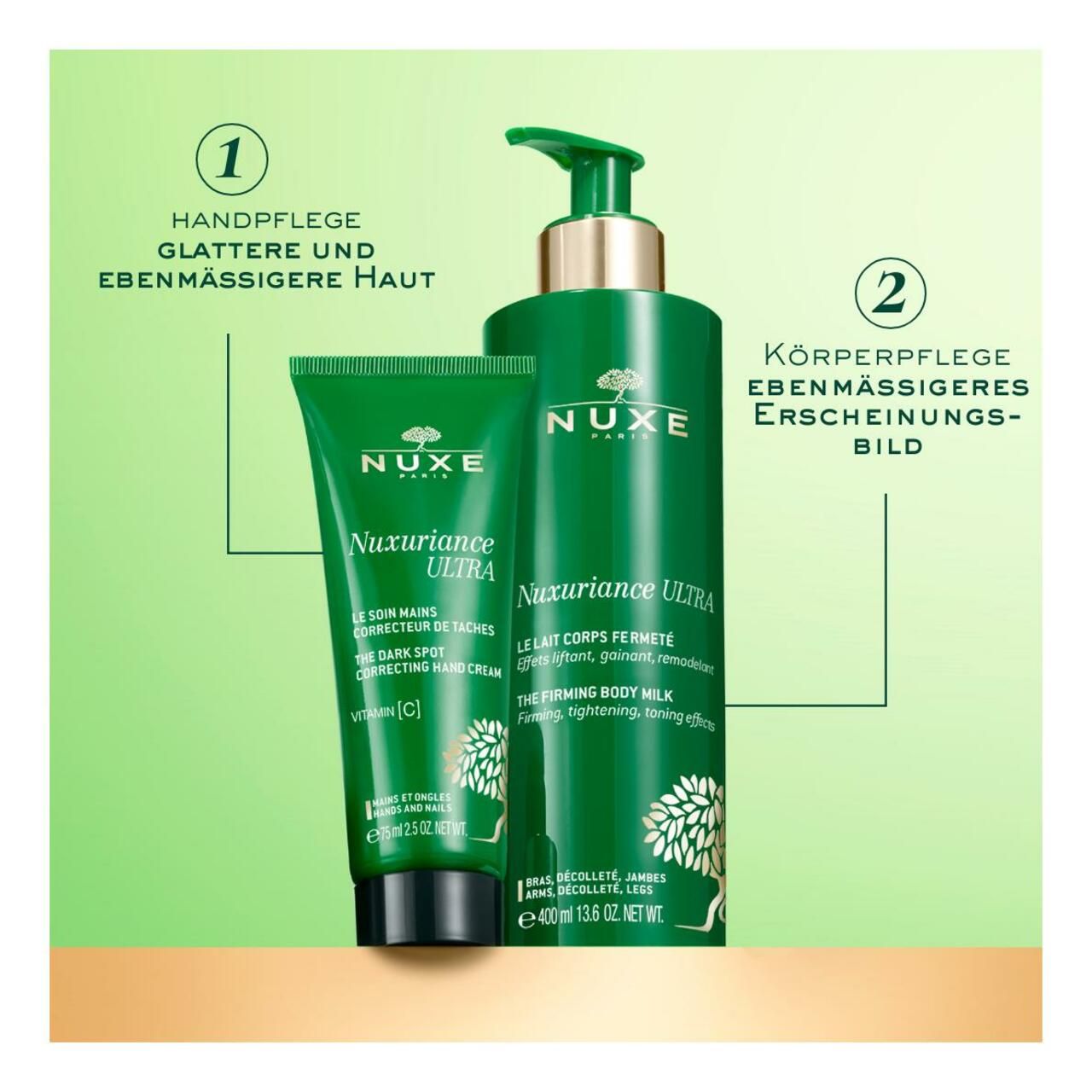 Zwei Produkte: NUXE Nuxuriance® ULTRA Körpermilch und Handcreme. Text: Handpflege, ebenmässigere Haut.