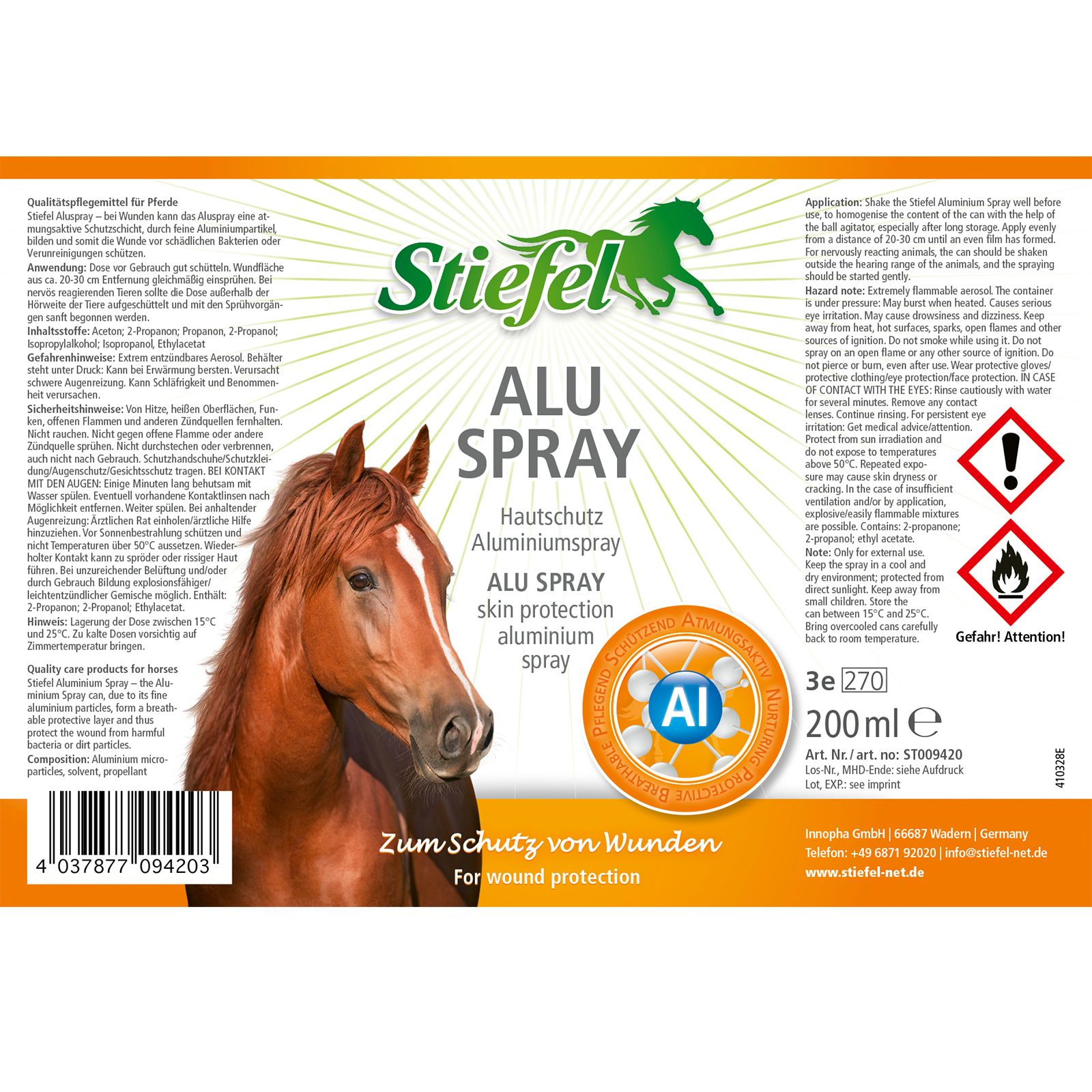 Etikett von Aluspray. Text: Stiefel, Alu Spray, Hautschutz Aluminiumspray. Mit Pferdeabbildung. Warnhinweise und Inhaltsstoffe.
