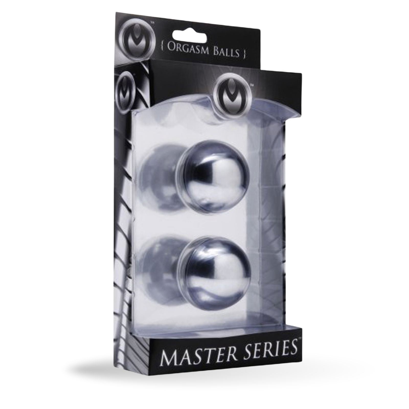 Produktverpackung mit zwei metallischen Kugeln. Klarsichtverpackung, schwarze Kartonage mit Text: MASTER SERIES.