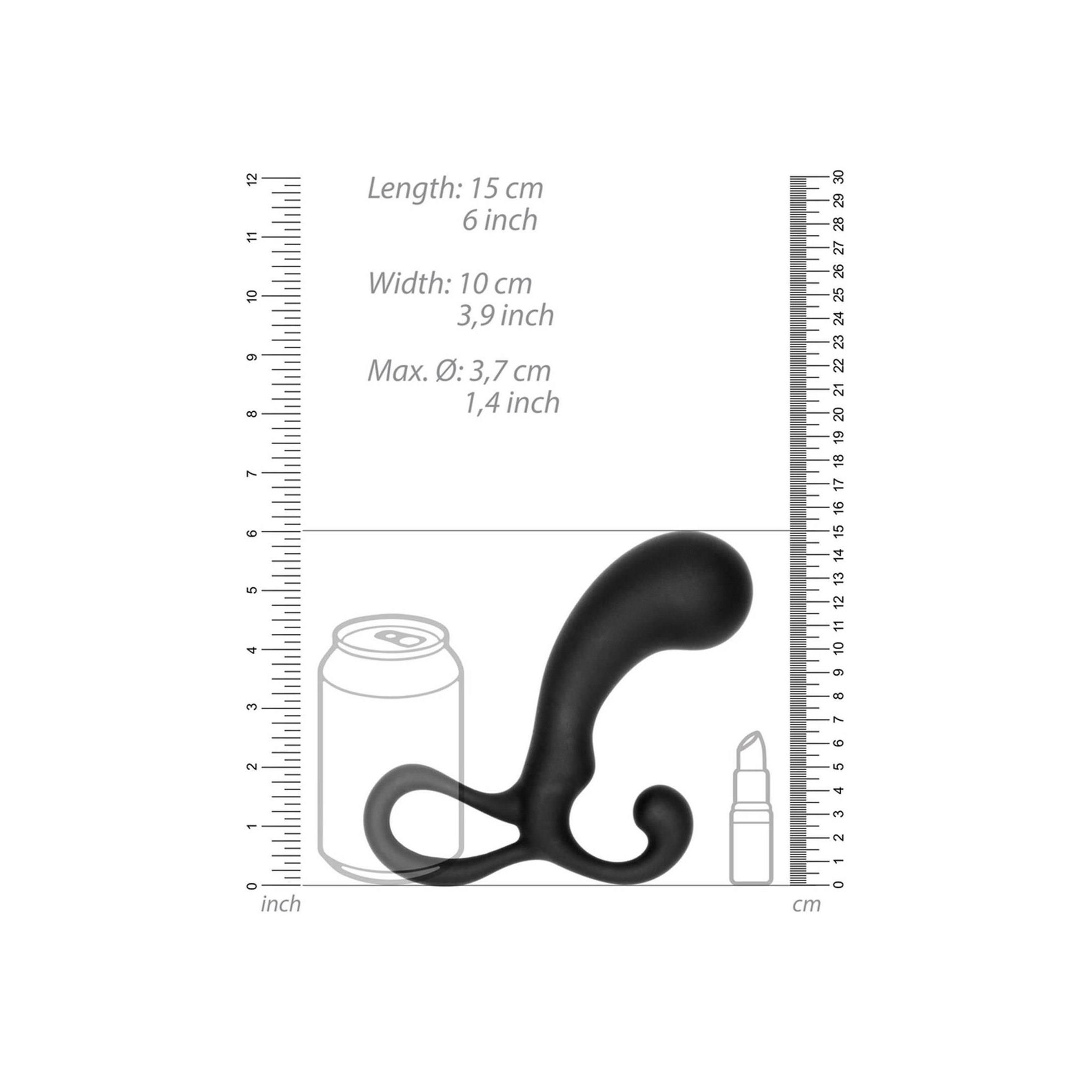 Schwarzer Stimulator mit Maßstab, Dose und Lippenstift. Maße: 15 cm lang, 10 cm breit, max. Ø 3,7 cm.