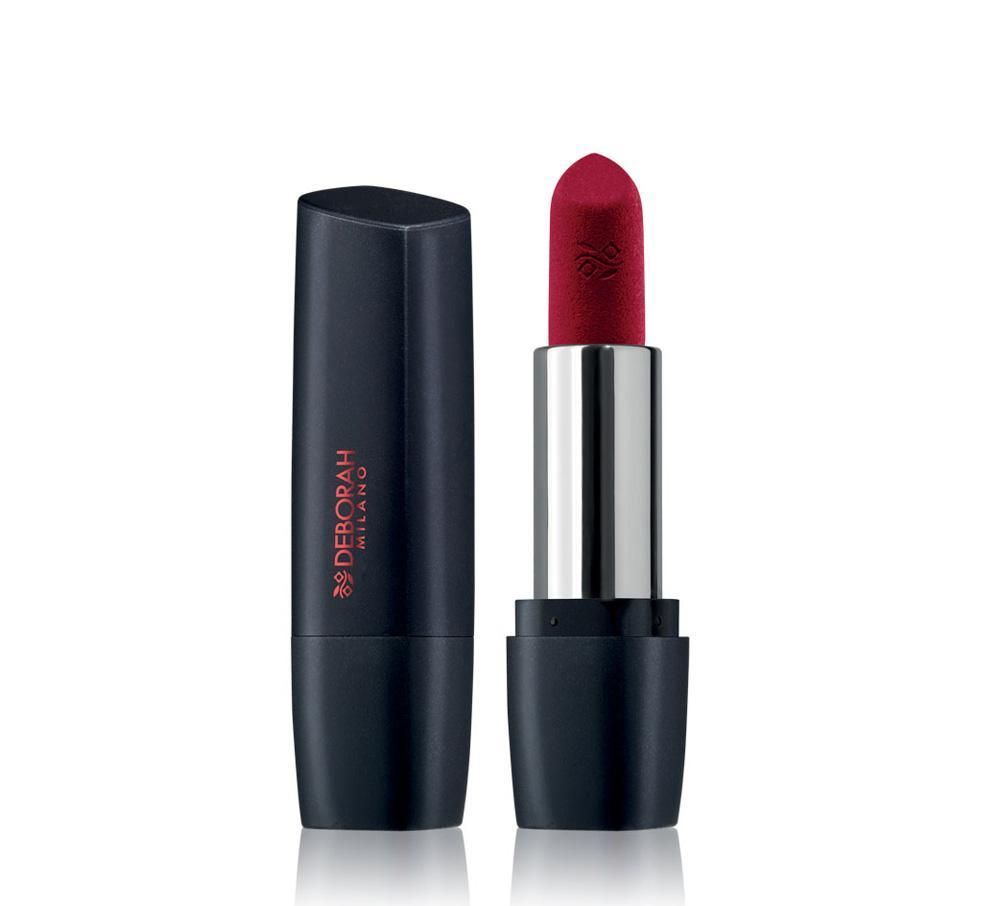 Roter Lippenstift, geöffnet. Schwarze Hülse mit rotem Schriftzug Deborah Milano. Lippenstift in Rot. Silberne Hülse.