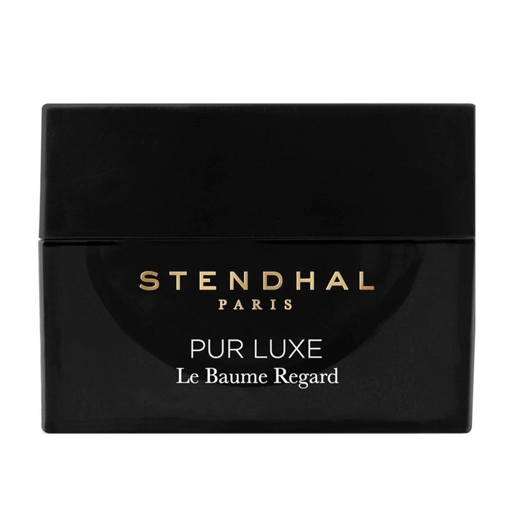 Schwarzer Tiegel mit goldfarbenem Schriftzug. Aufschrift: STENDHAL PARIS, PUR LUXE Le Baume Regard.