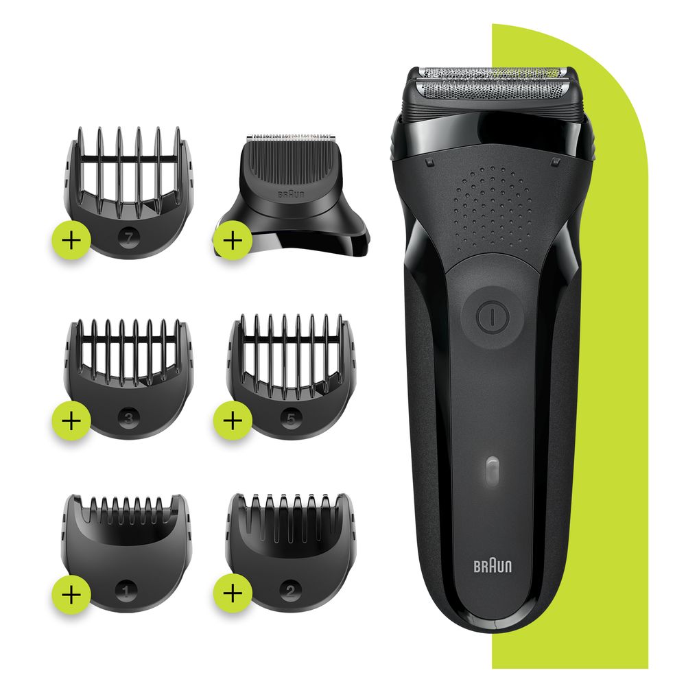 Rasoio nero con vari accessori. Include accessori per tagliare diverse lunghezze di barba. Vari accessori con segni più verdi.