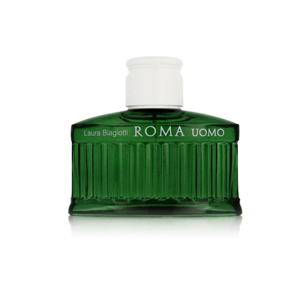 Grüne Glasflasche Laura Biagiotti Roma Uomo Eau de Toilette neben der Verpackung.