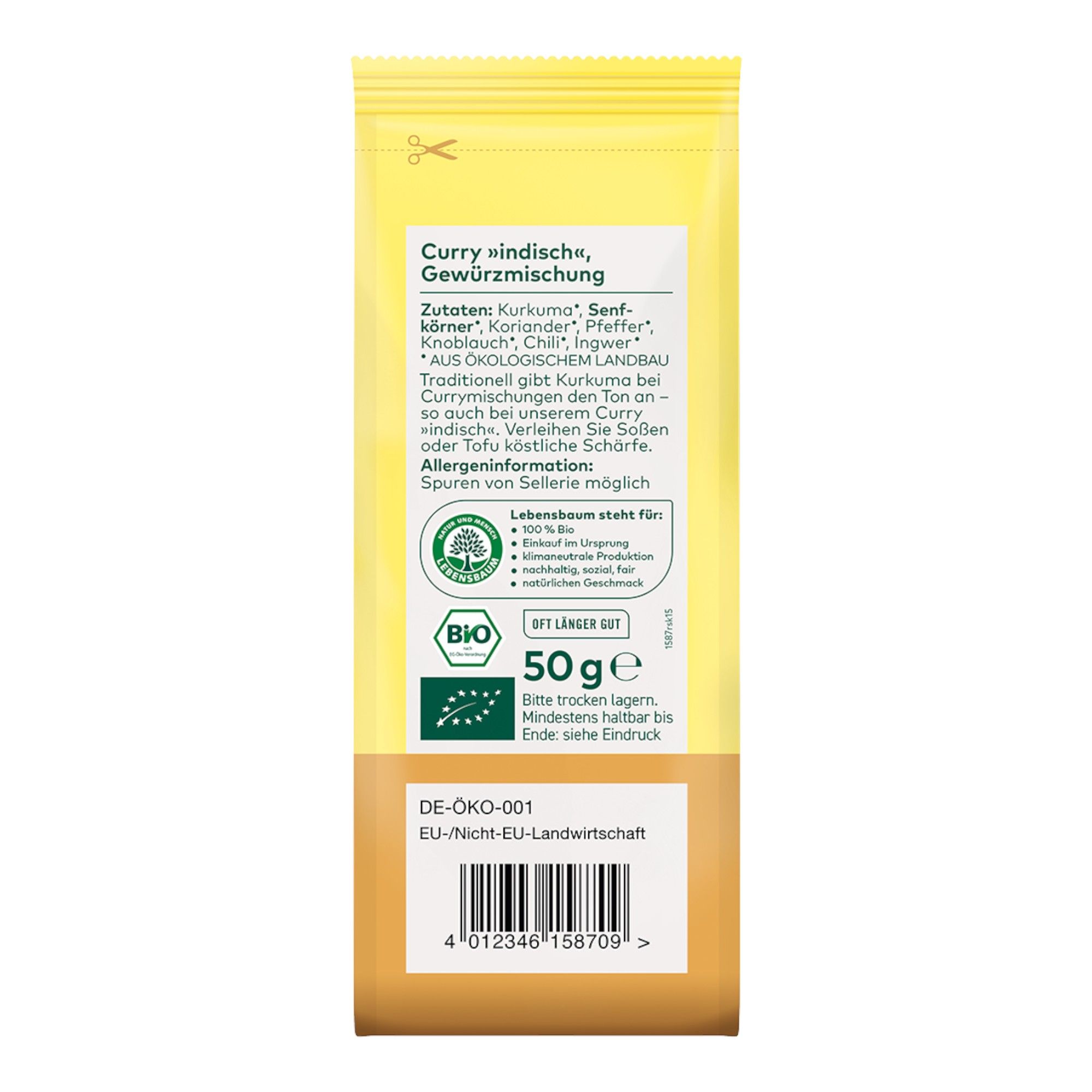 Bio Curry indisch Gewürzmischung, 50g Beutel mit Zutatenliste und Bio-Siegel.