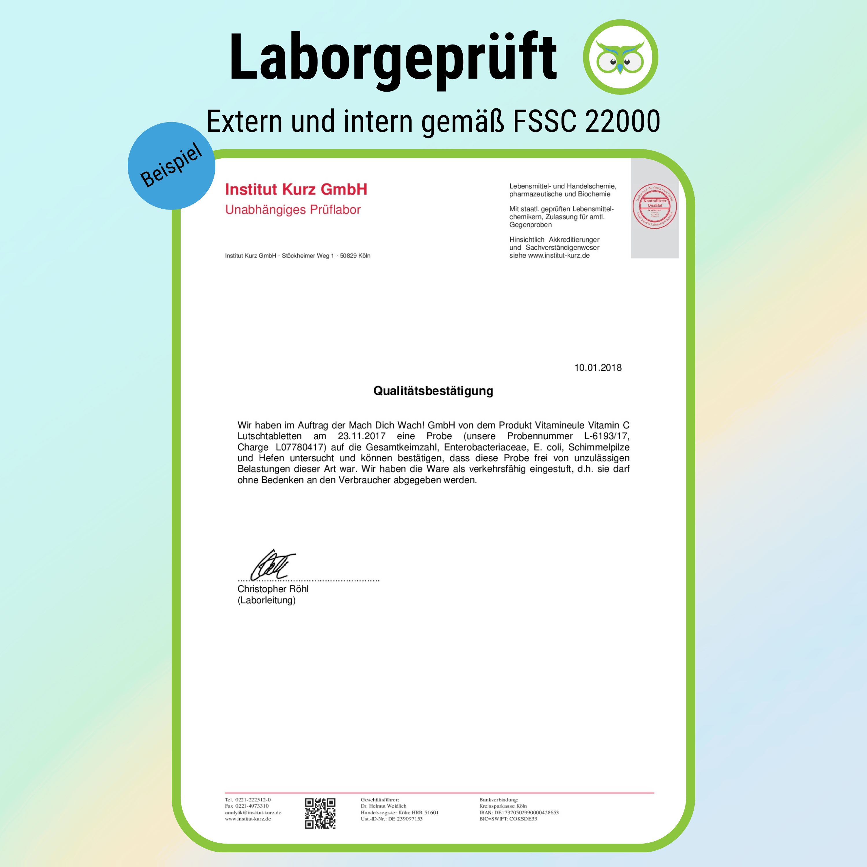 Zertifikat von Institut Kurz GmbH. Bestätigung der Qualitätskontrolle für Vitamin C Lutschtabletten. FSSC 22000.