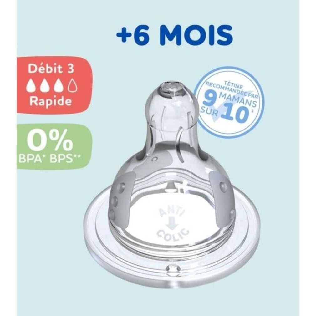 Nahaufnahme einer transparenten Sauger. Runde Form, Anti-Kolik-Funktion. Flacher Sockel. Aufschrift.