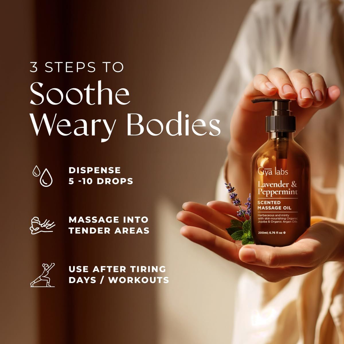 Hände halten eine Flasche. Text: 3 Schritte zur Beruhigung müder Körper. 5-10 Tropfen dosieren, in zarte Bereiche einmassieren, nach anstrengenden Tagen/Workouts verwenden.