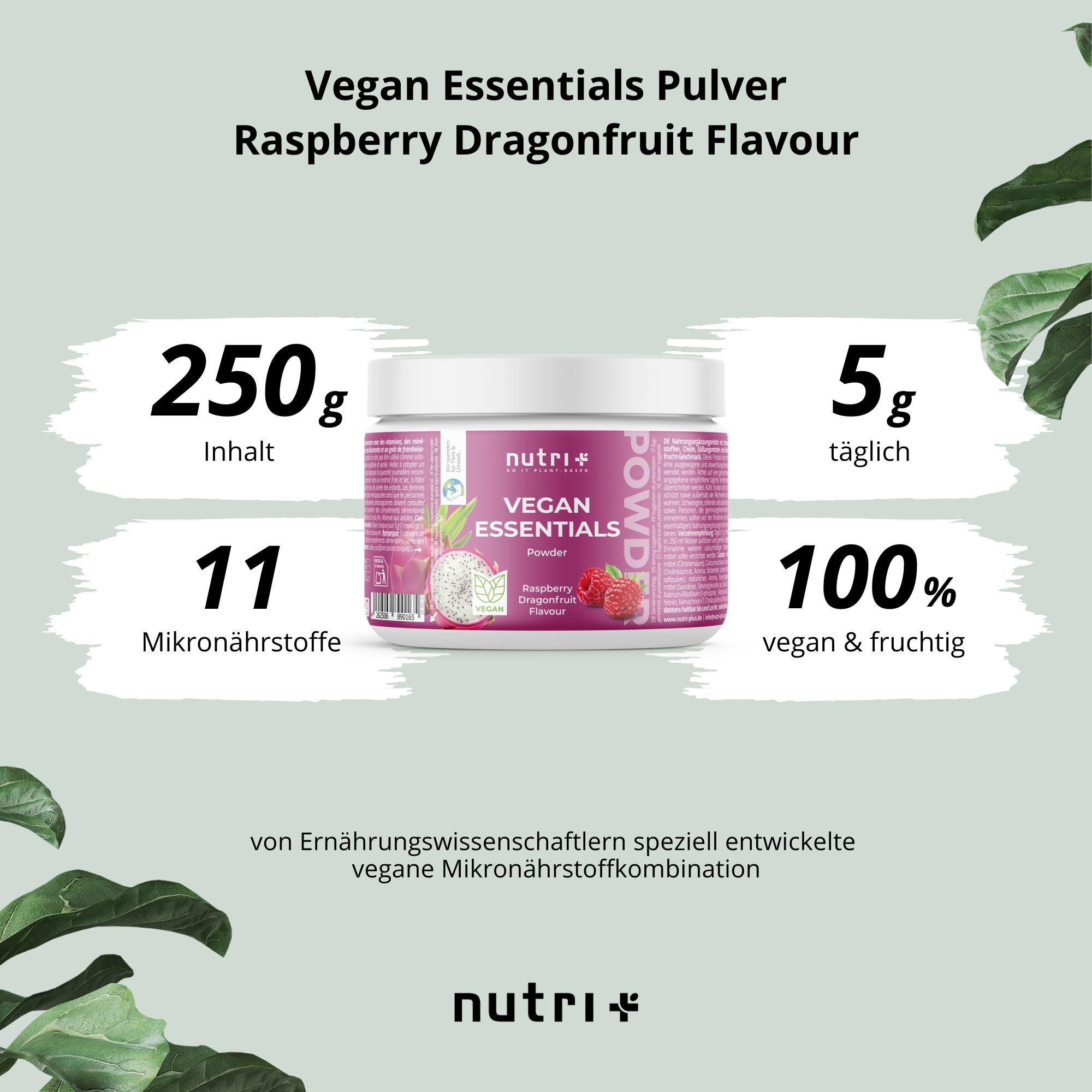 Nutri+ Vegan Essentials Pulver: Nährwerttabelle und Zutatenliste für Himbeer-Drachenfrucht-Geschmack. Dose und detaillierte Texte.