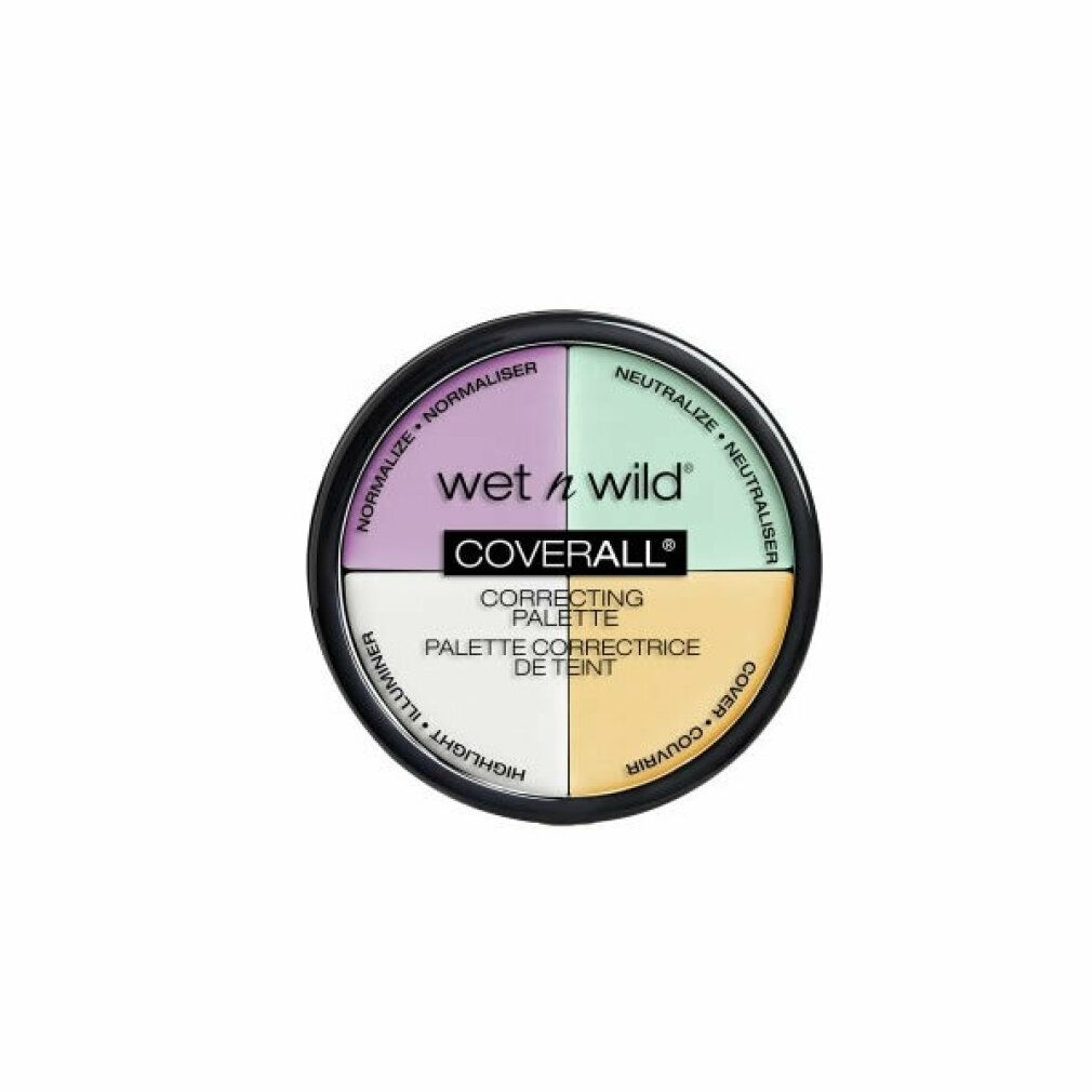 Runde, schwarze Wet n Wild Coverall Correcting Palette. Vier farbige Bereiche: Lila, Grün, Weiß und Gelb. Text: Normalisieren, Neutralisieren, Aufhellen, Abdecken.