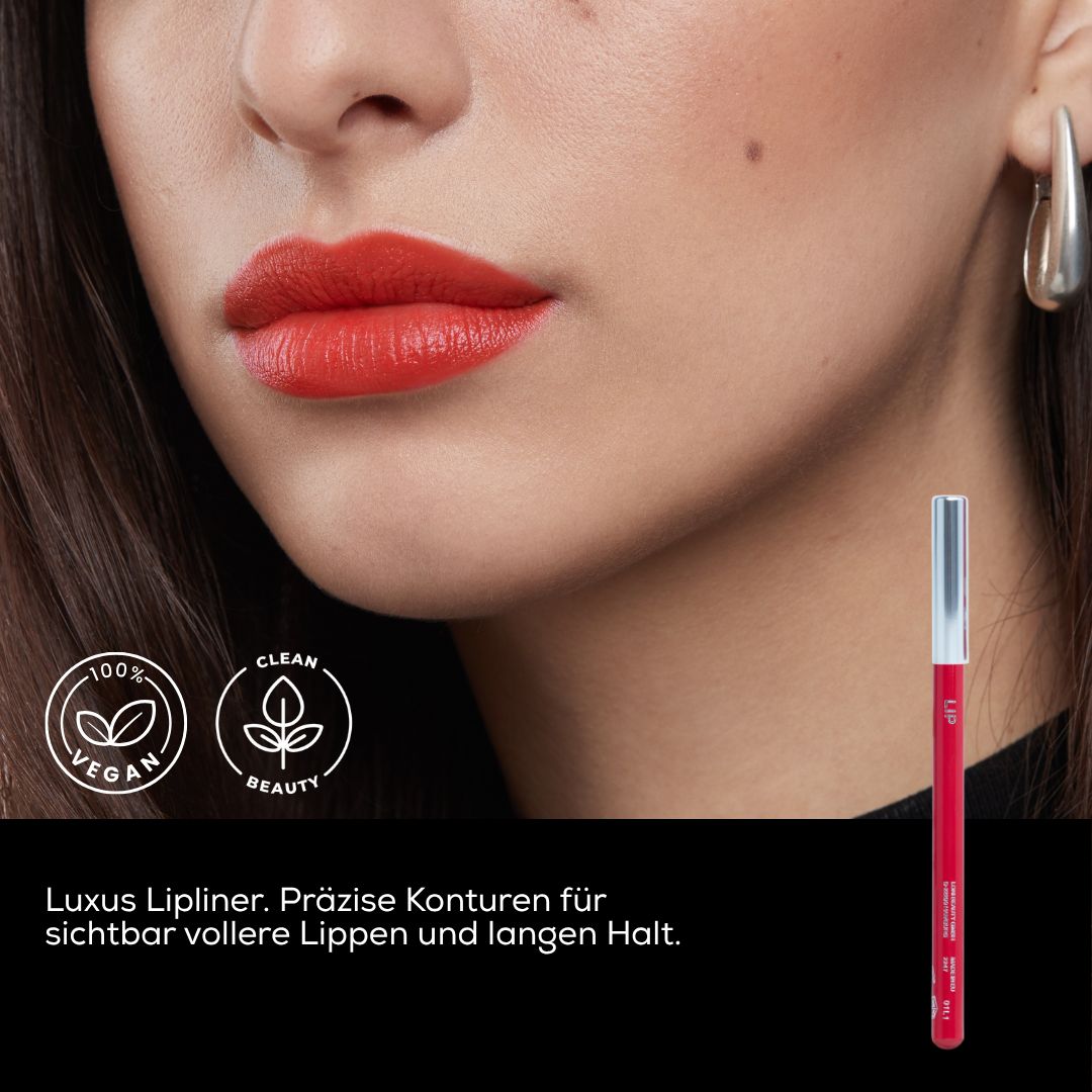Lippenstift und Lipliner in Rot, daneben Siegel für vegan und clean beauty.