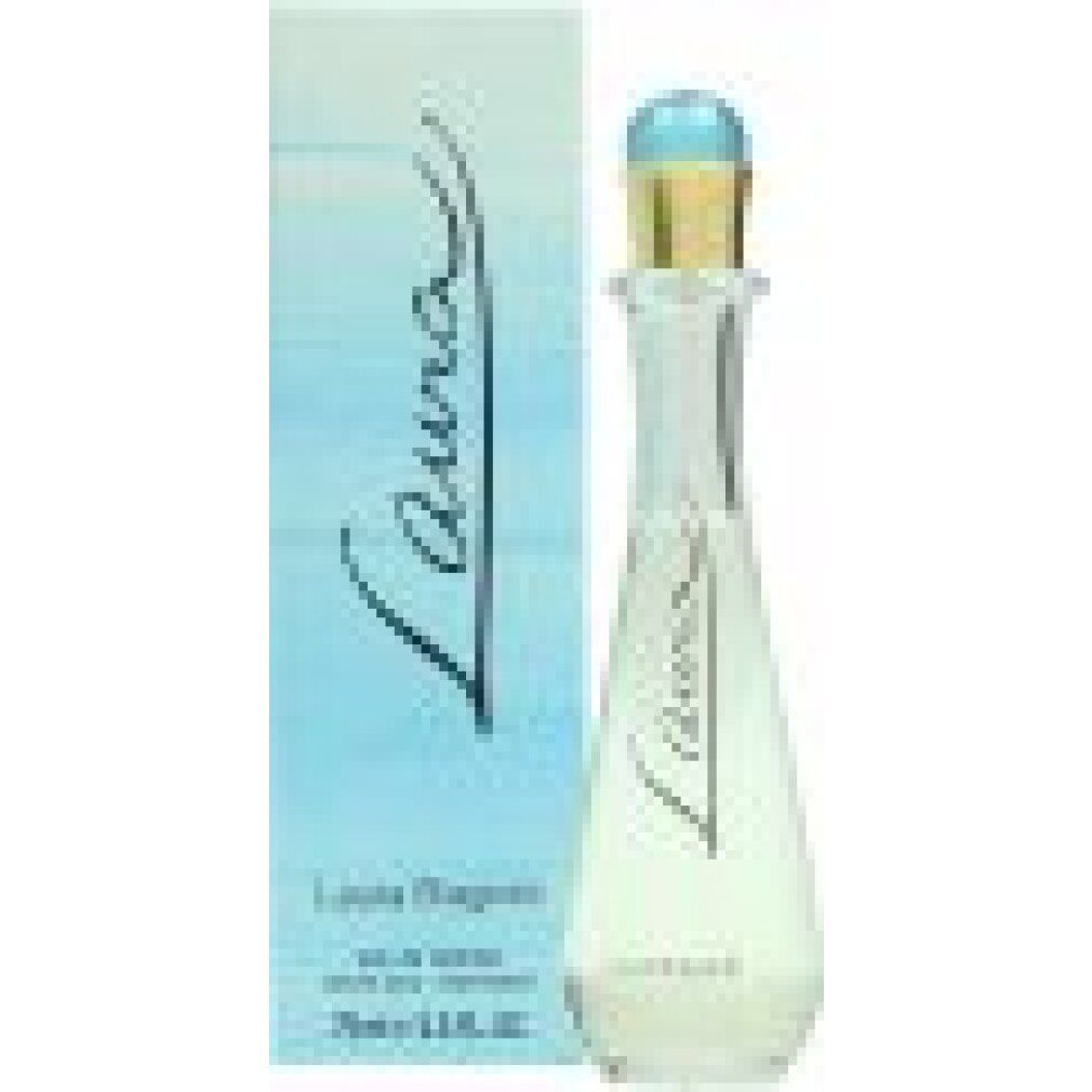 Parfümflakon und Verpackung. Flakon mit blauem Deckel und goldener Kappe. Aufschrift "Laura".