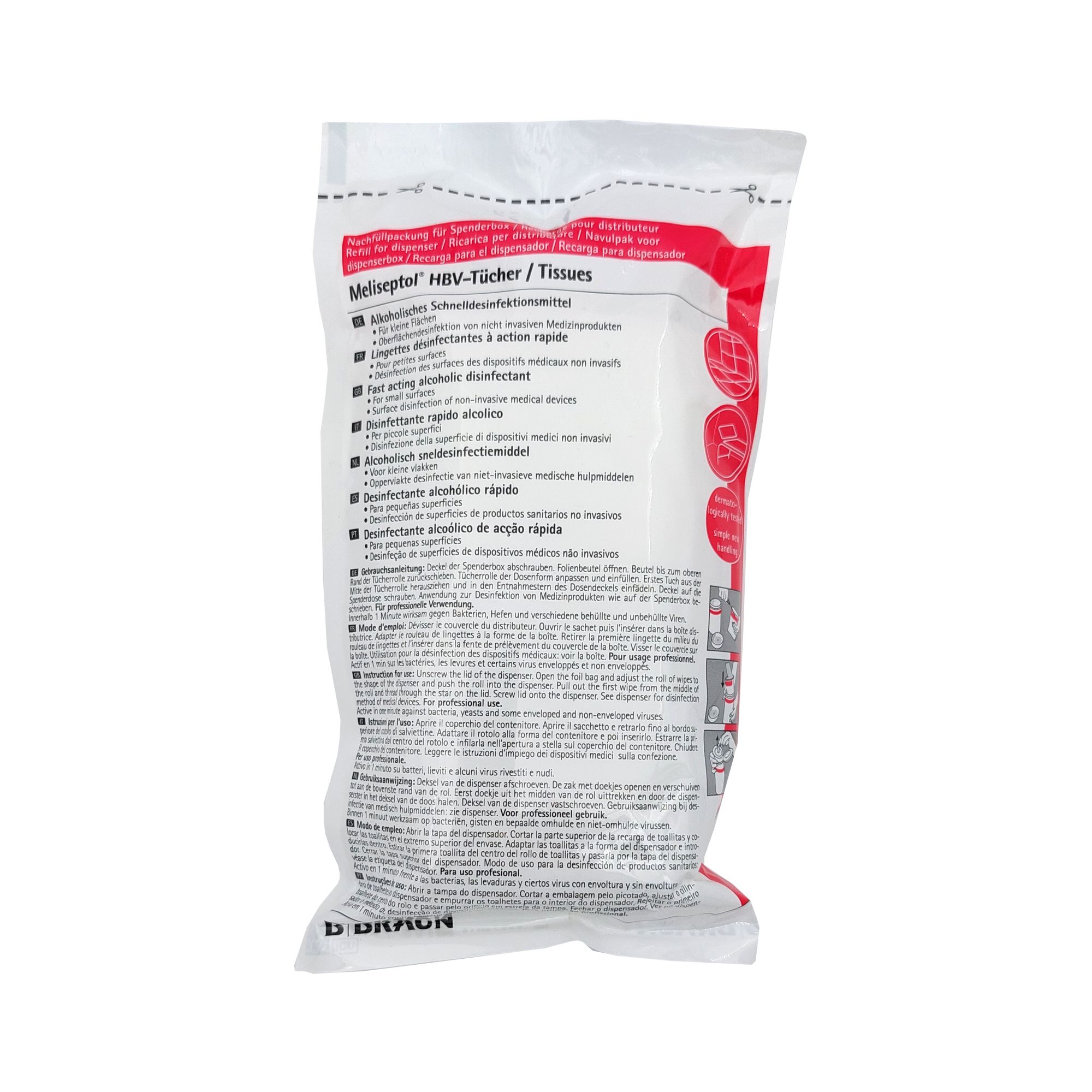 B. Braun Meliseptol Wipes sensitive: Packung mit Desinfektionstüchern. Text auf Deutsch, Englisch, Französisch, Italienisch, Spanisch.