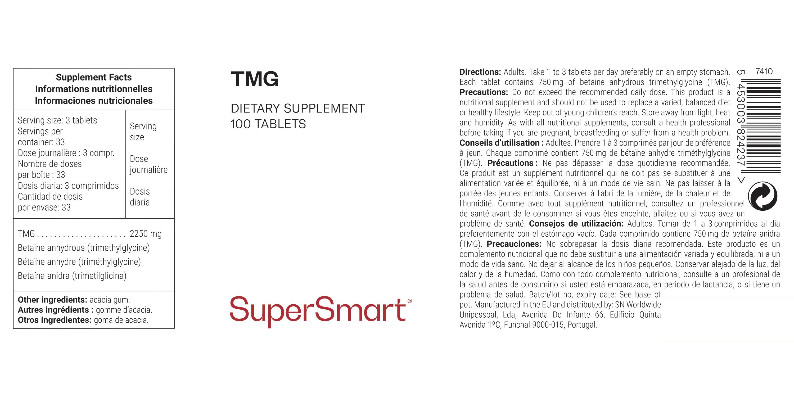 TMG-Nahrungsergänzungsmittel, 100 Tabletten. Weißes Etikett mit Text, Inhaltsstoffen und SuperSmart-Logo.